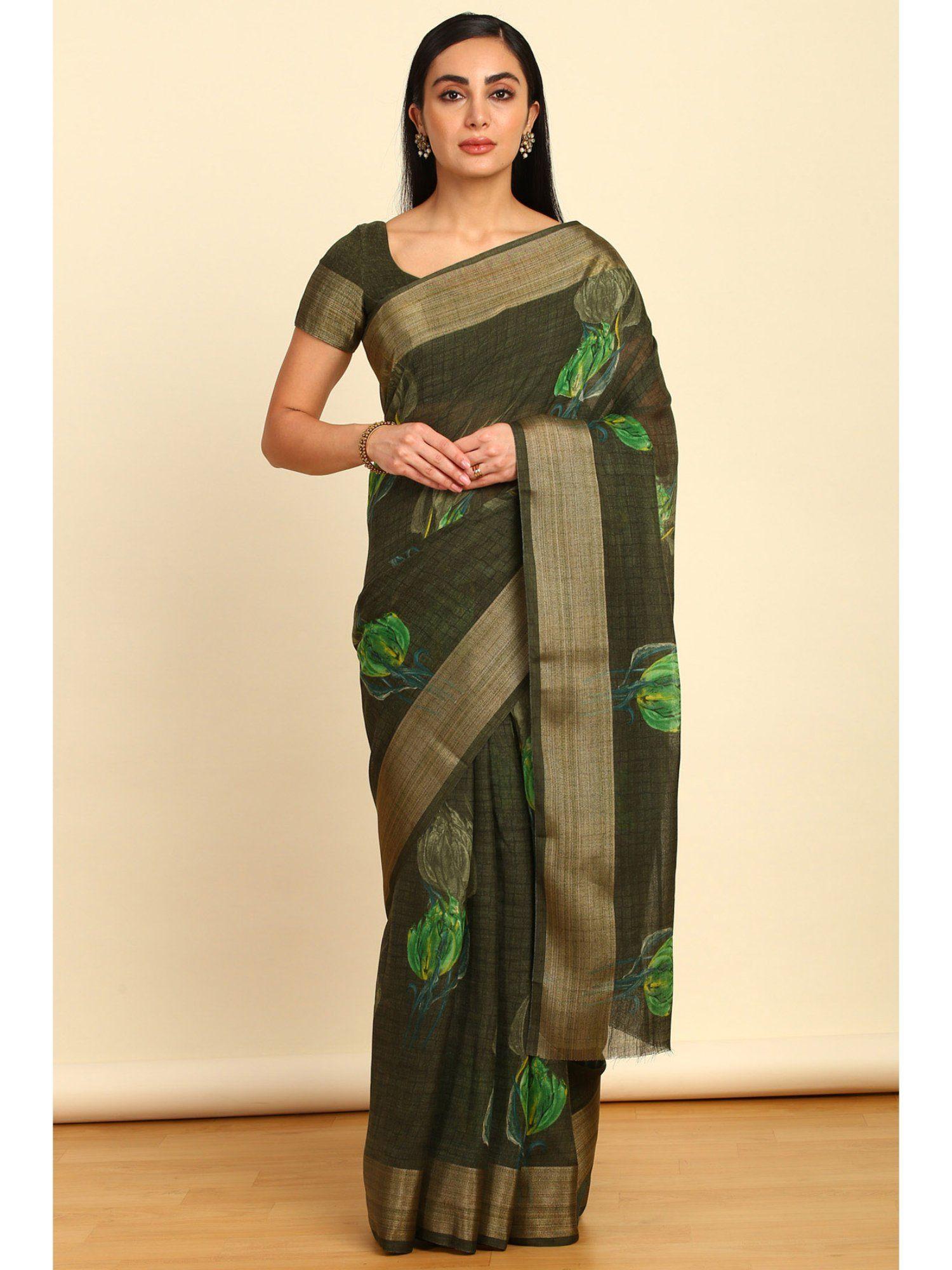 womens green linen floral print saree with unstitched blouse