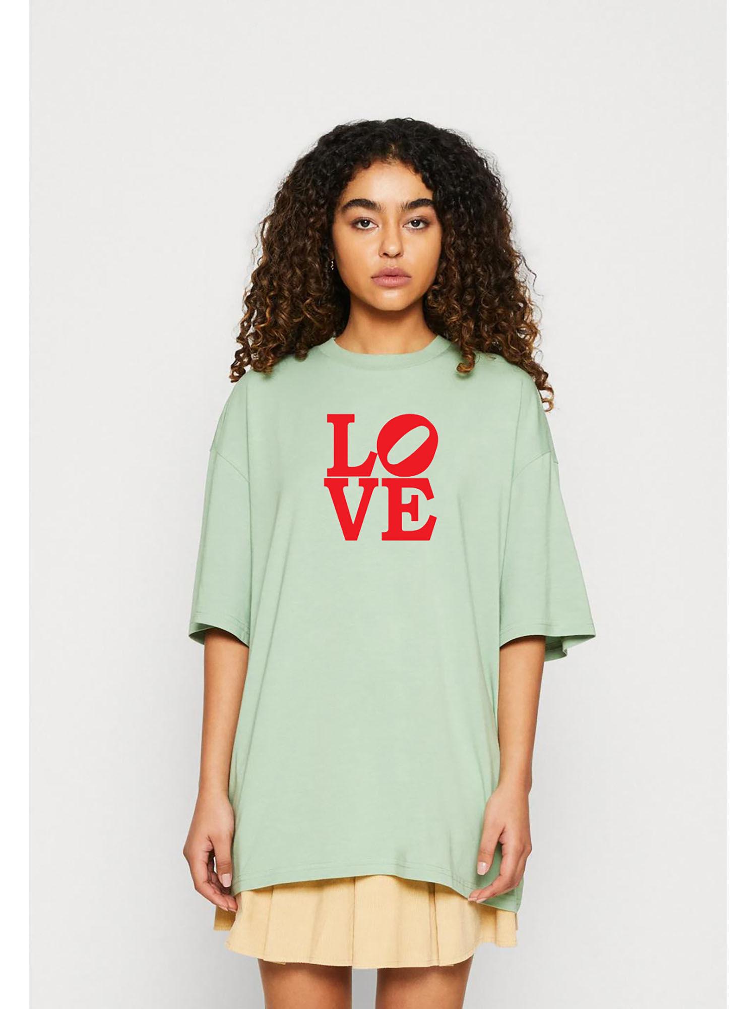 womens green love printed cotton blend oversized long t-shirt