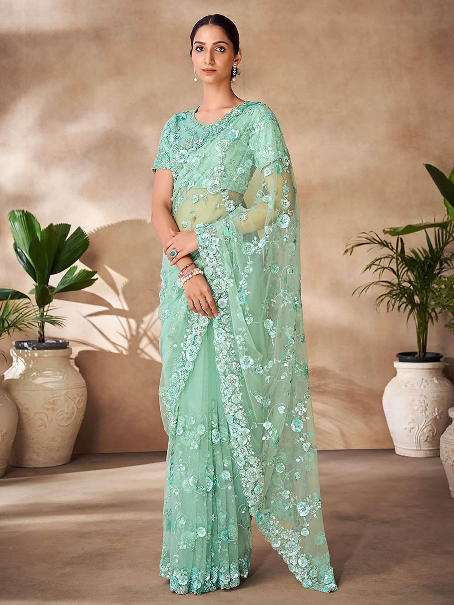 womens green net embroidered saree with unstitched blouse