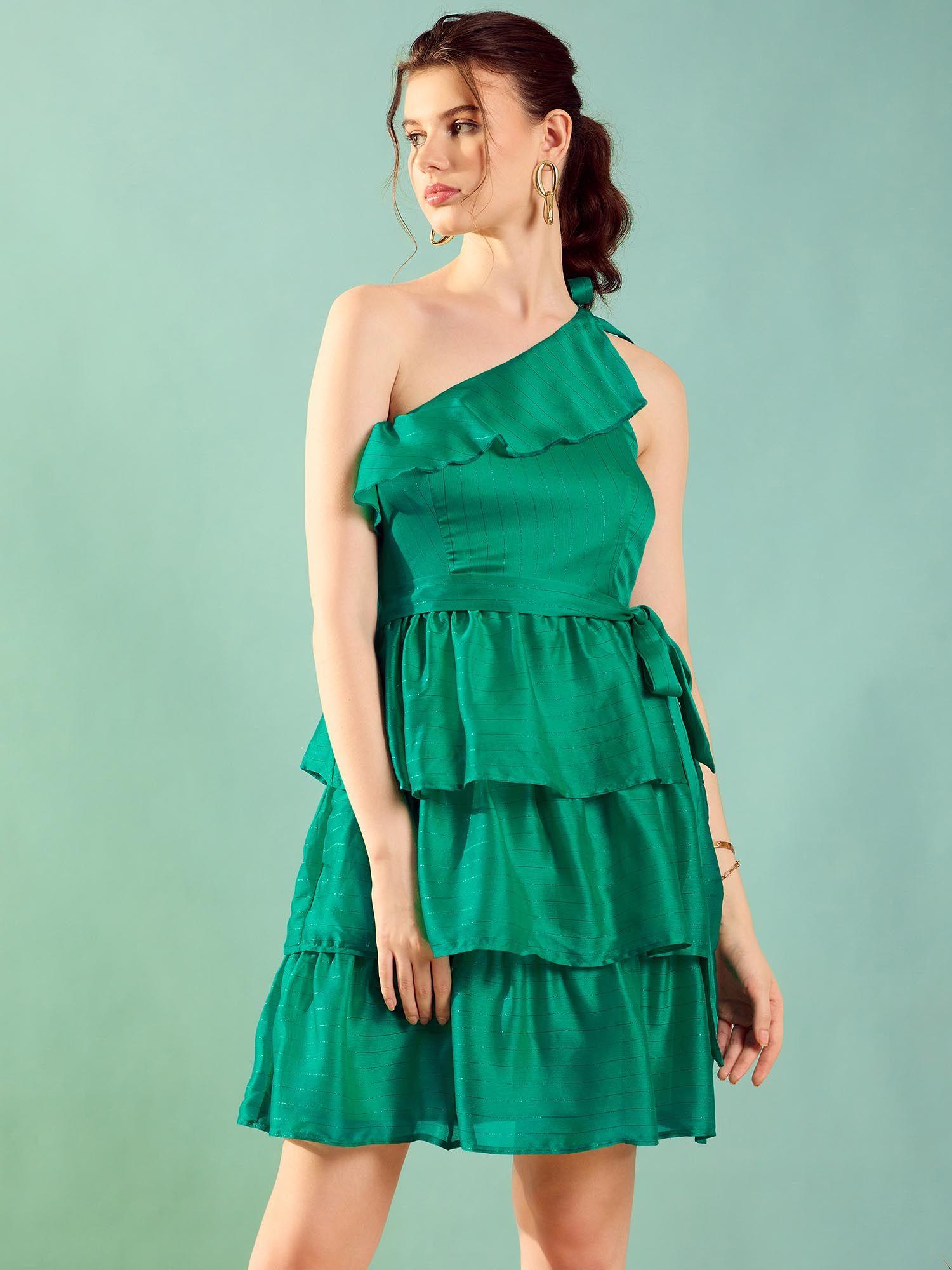 womens green one shoulder tiered ruffle mini dress (set of 2)