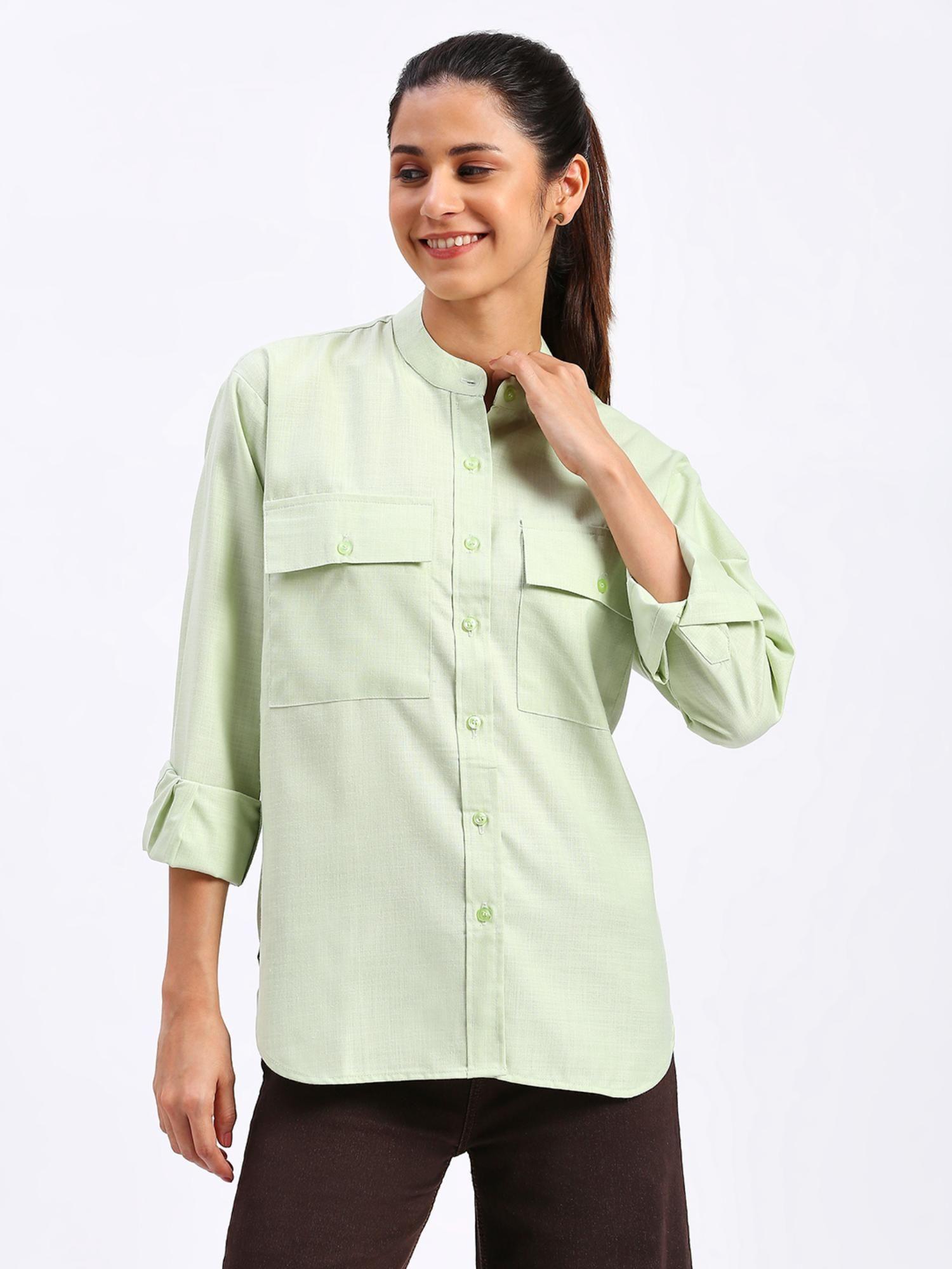 womens green oversized cotton chinese collar shirt