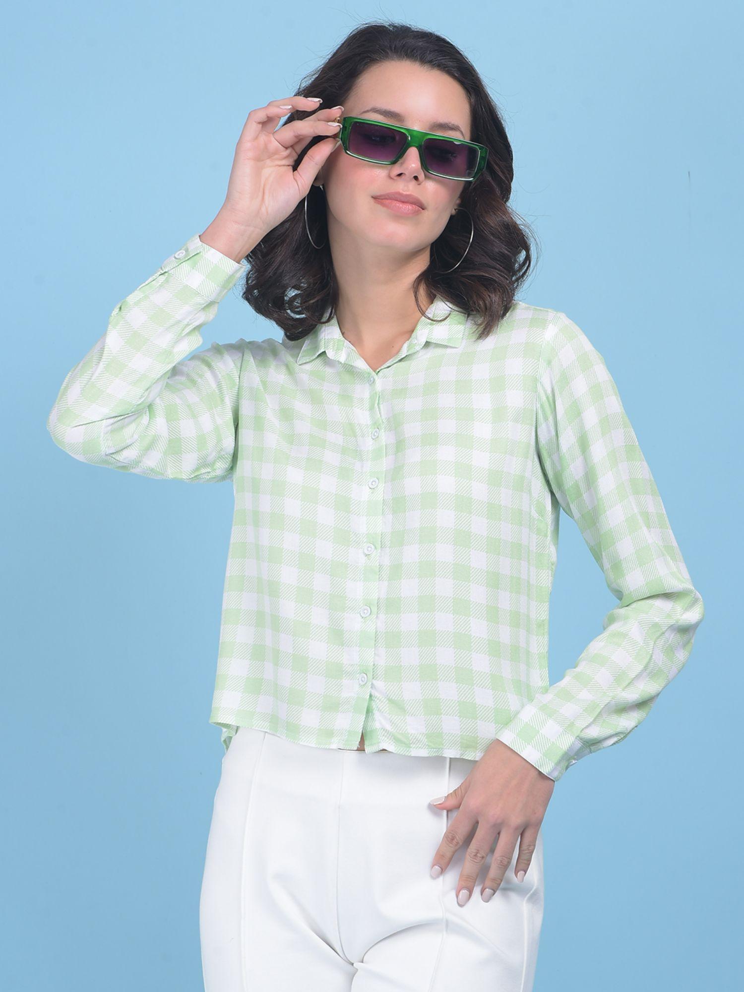 womens green plain check shirt