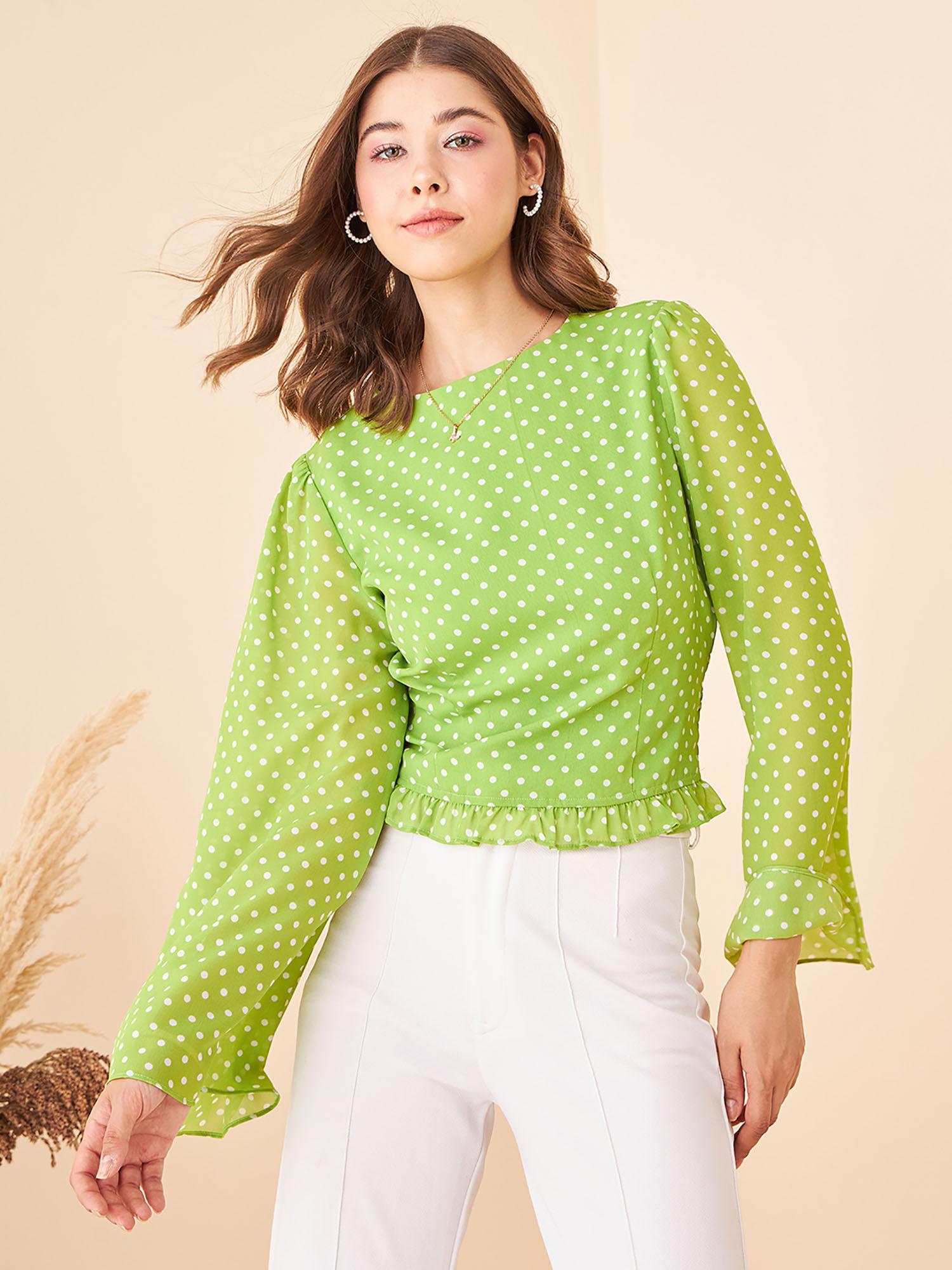 womens green polka dot flared sleeve top