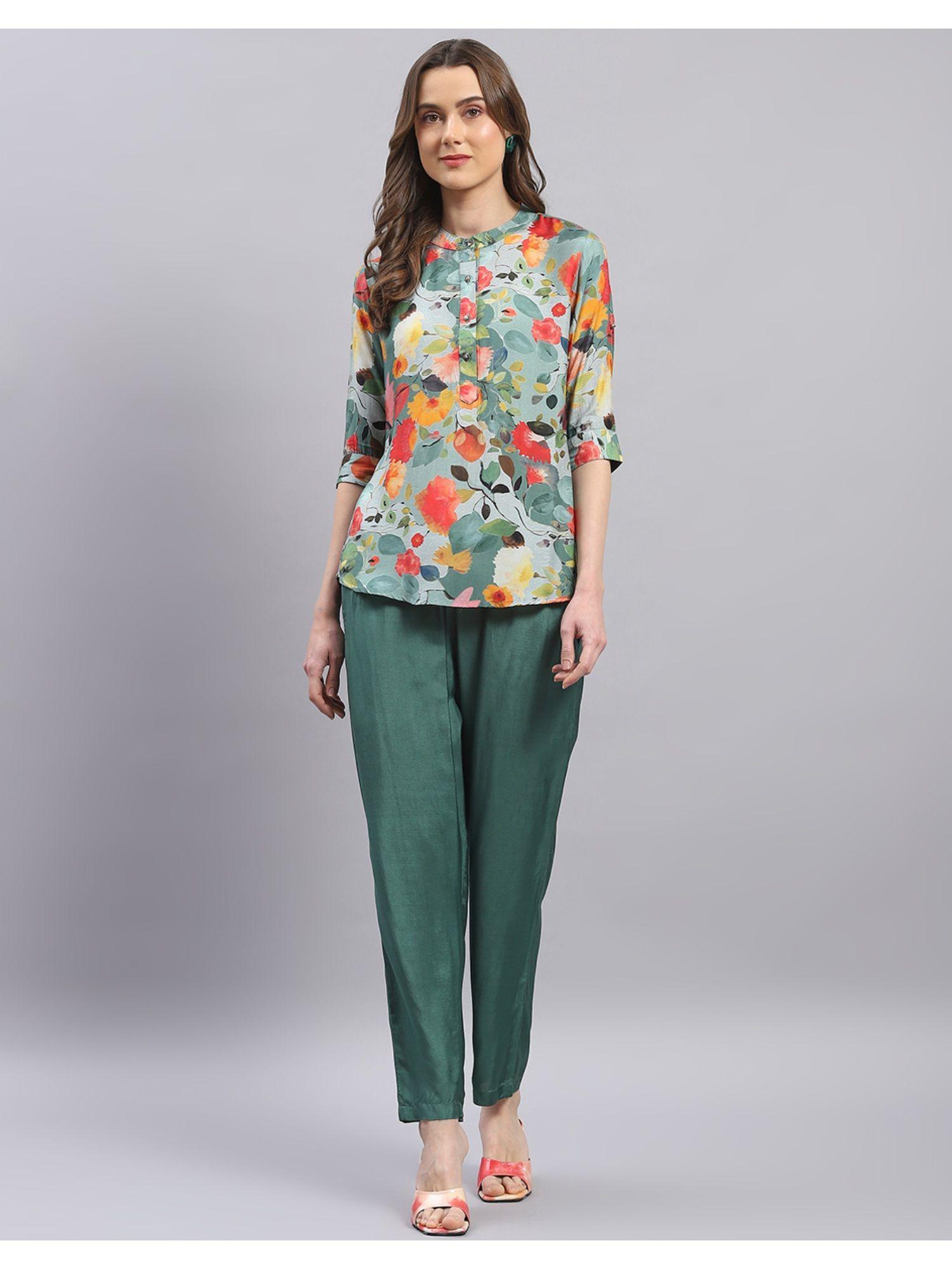 womens green printed mandarin collar half sleeve co-ord (set of 2)