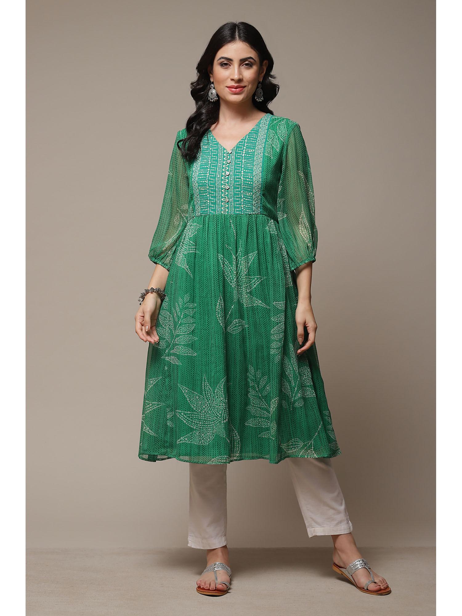 womens green printed poly chiffon straight kurta