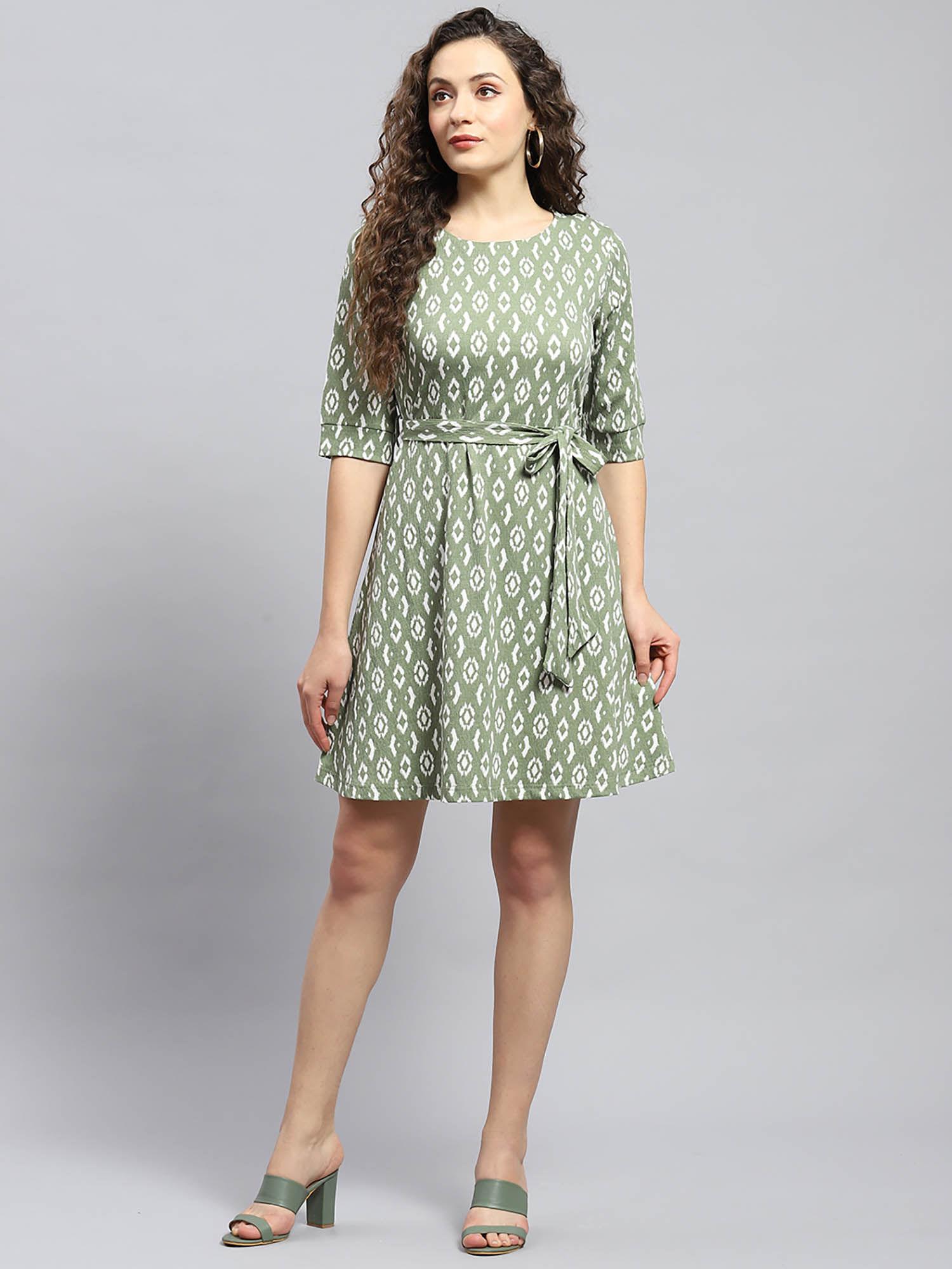 womens green printed round neck half sleeve dress (set of 2)