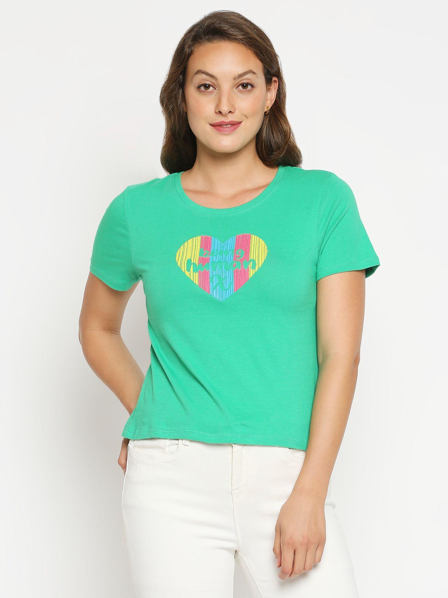 womens green printed round neck t-shirt