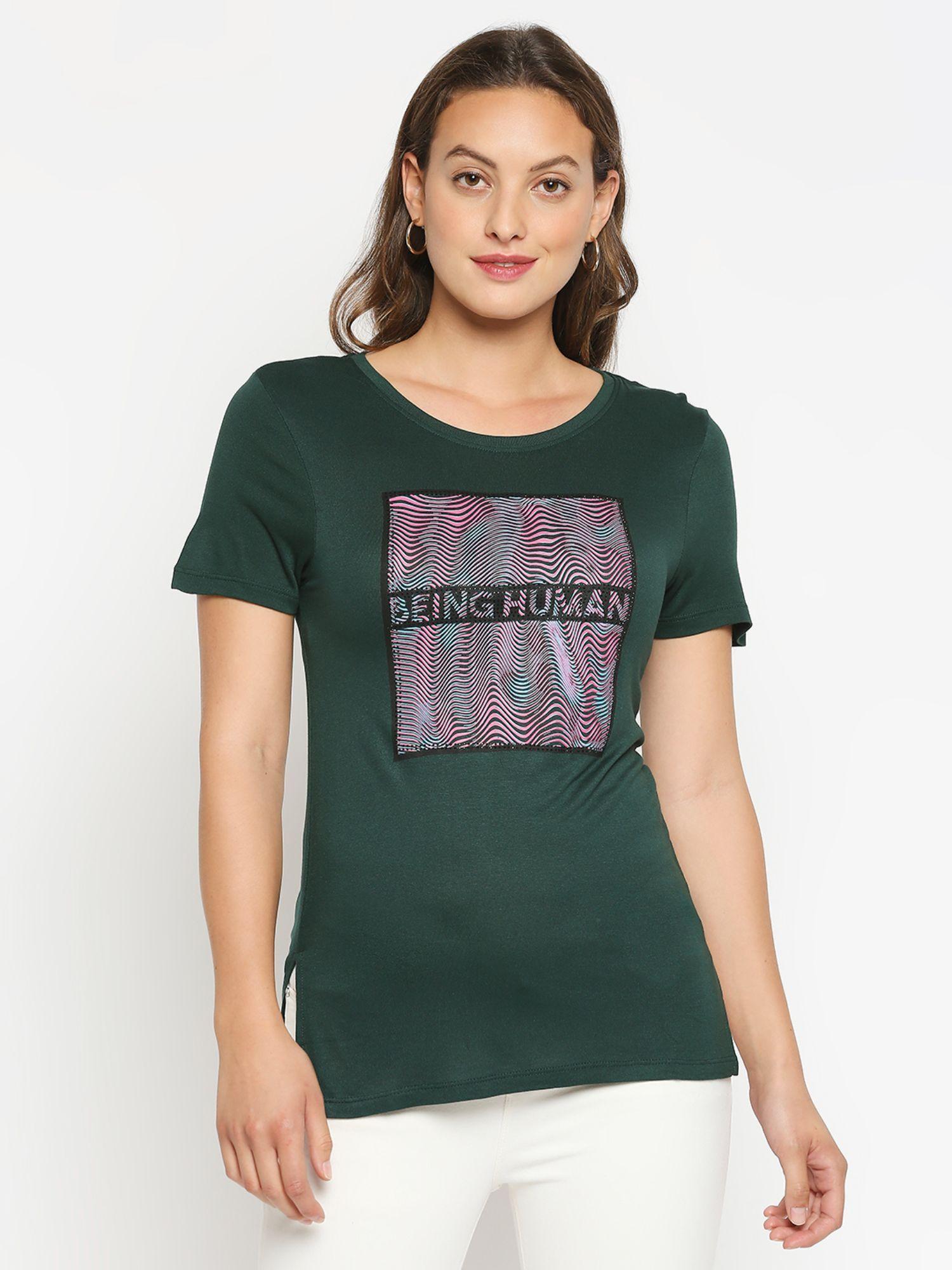 womens green printed round neck t-shirt