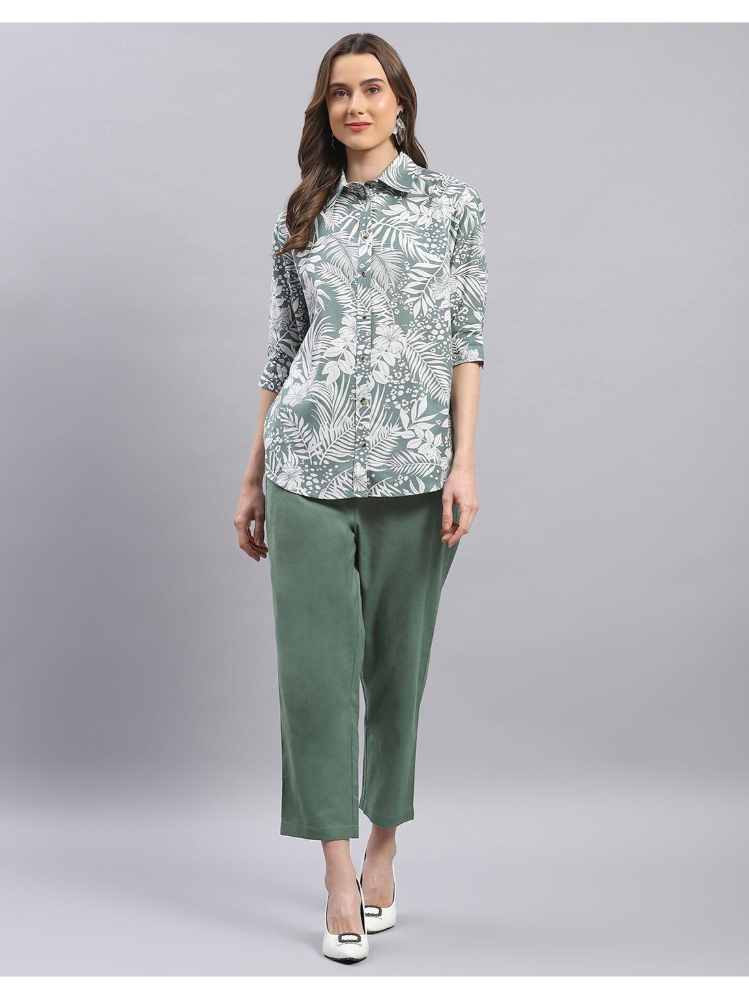 womens green printed spread collar half sleeve co-ord (set of 2)