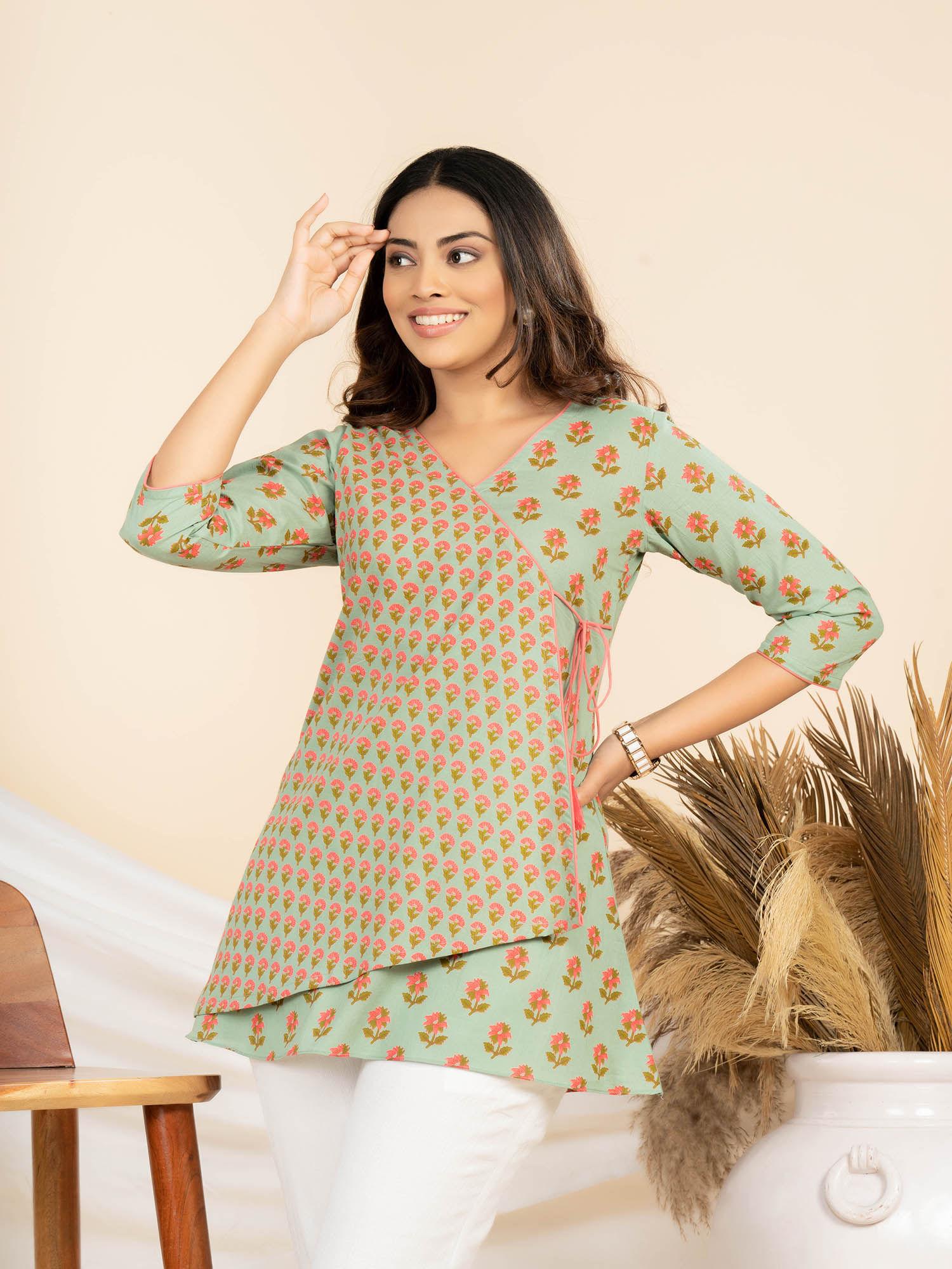 womens green pure cambric cotton block printed tunic