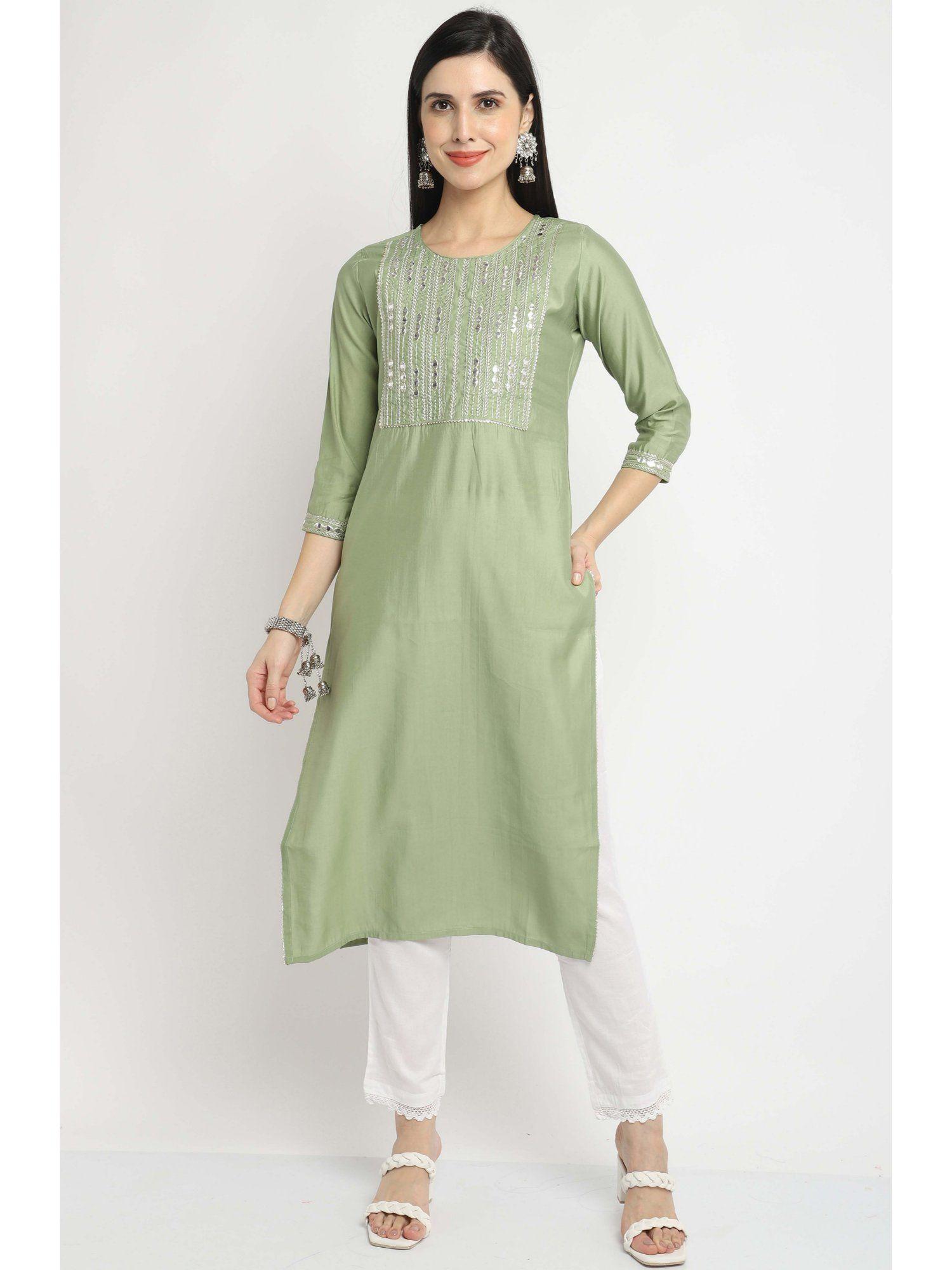 womens green pure cotton jaipuri embroidered kurta