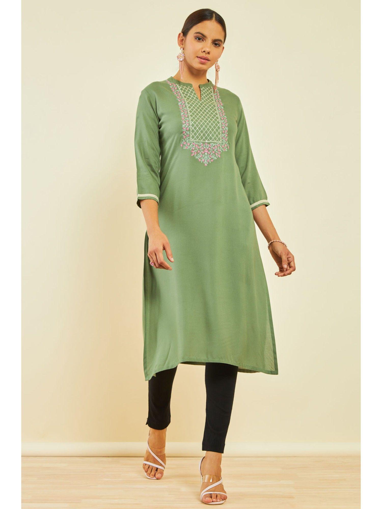 womens green rayon embroidered kurta with thread work