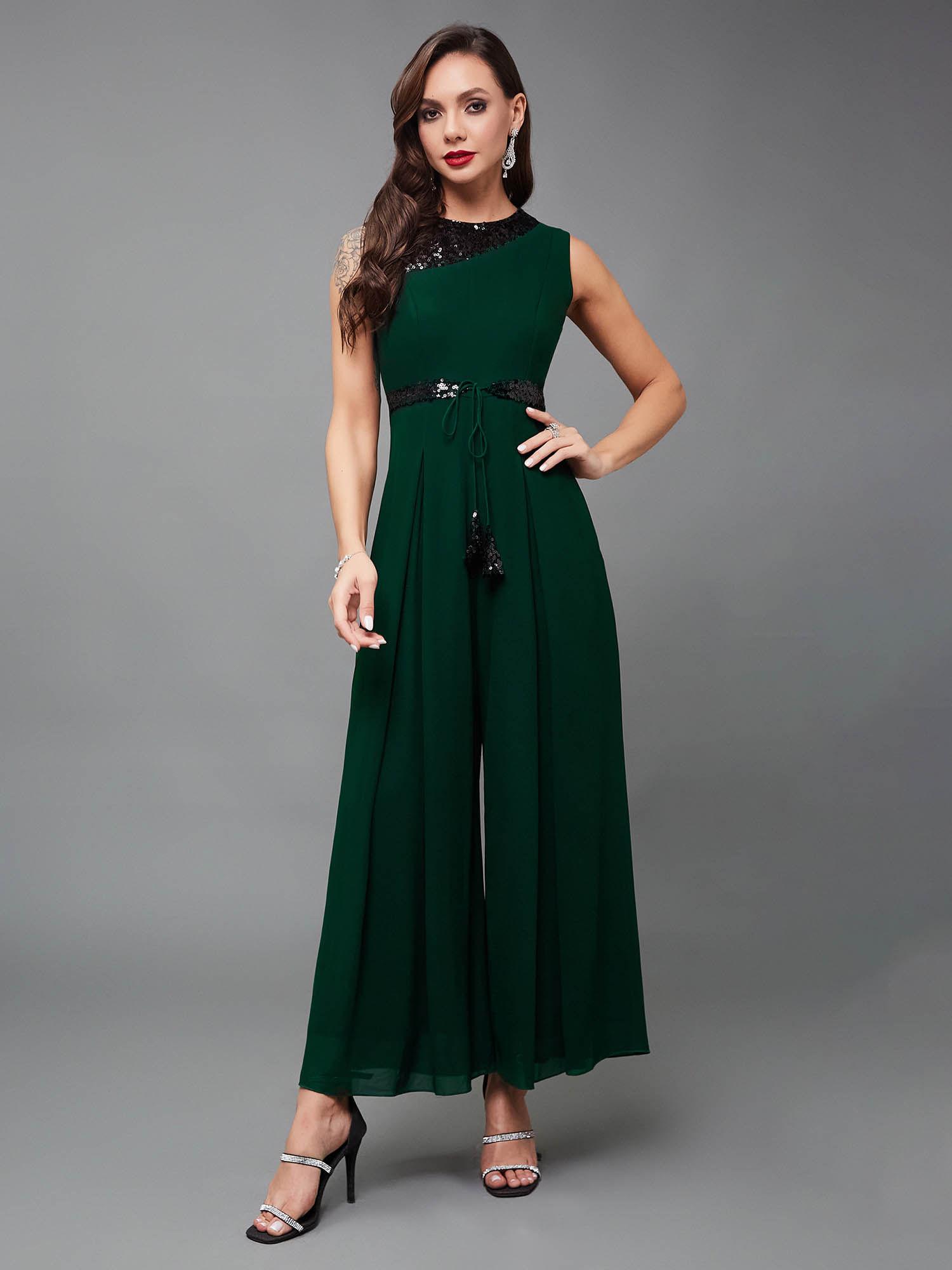 womens green relaxed fit sleeveless round neck jumpsuit