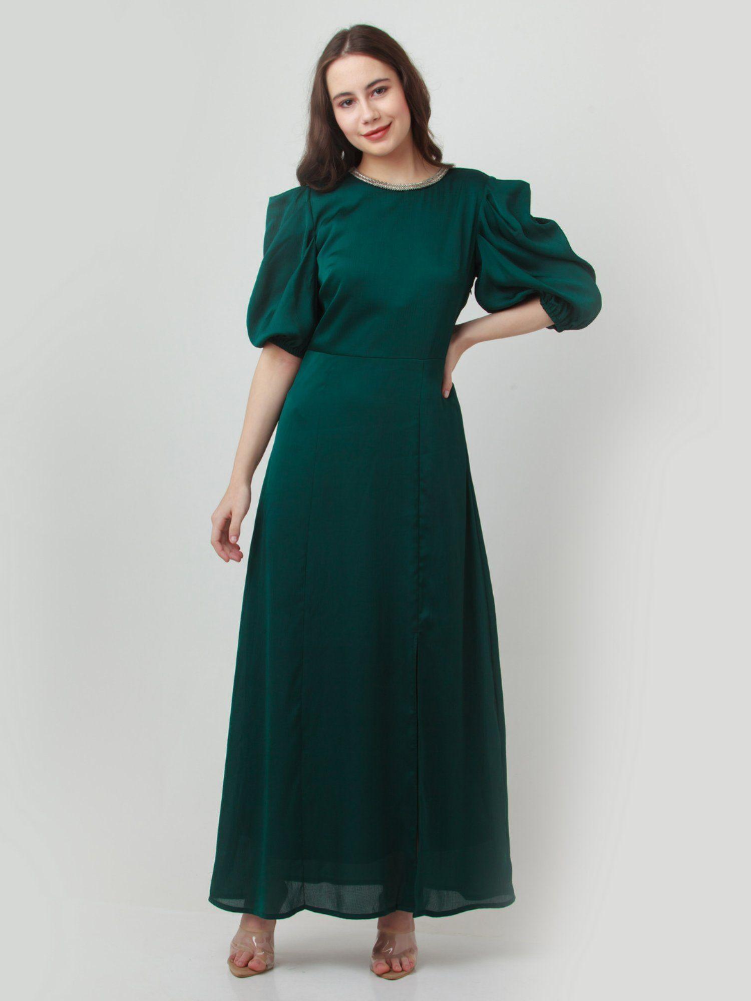 womens green solid maxi dress