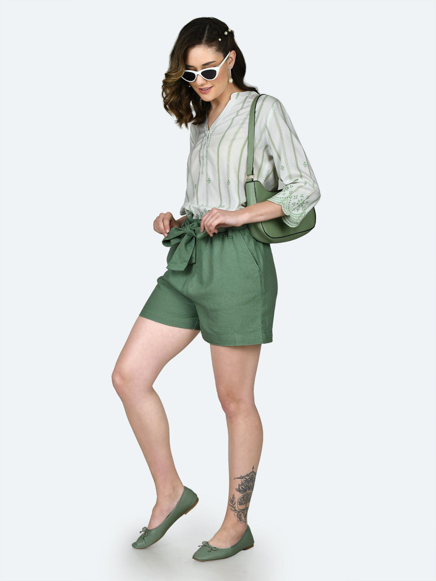 womens green solid shorts