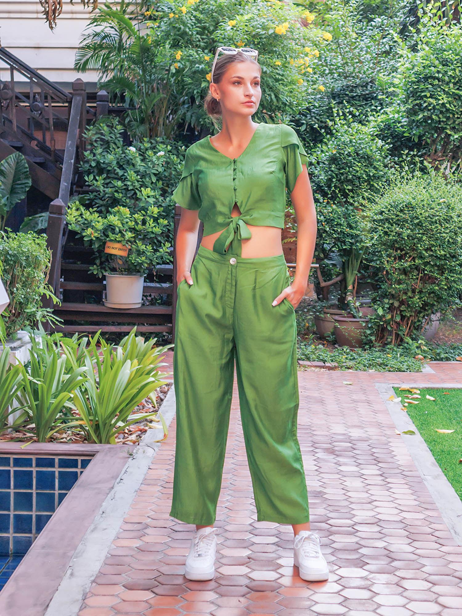 womens green solid straight trouser