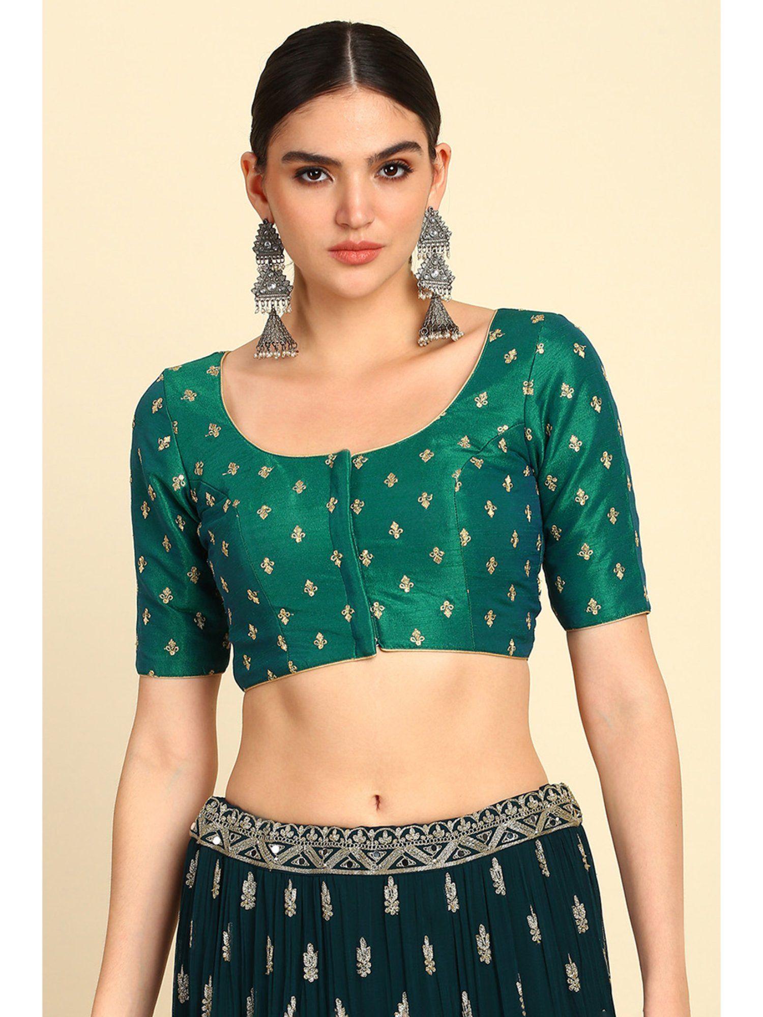 womens green synthetic embroidered blouse with zari
