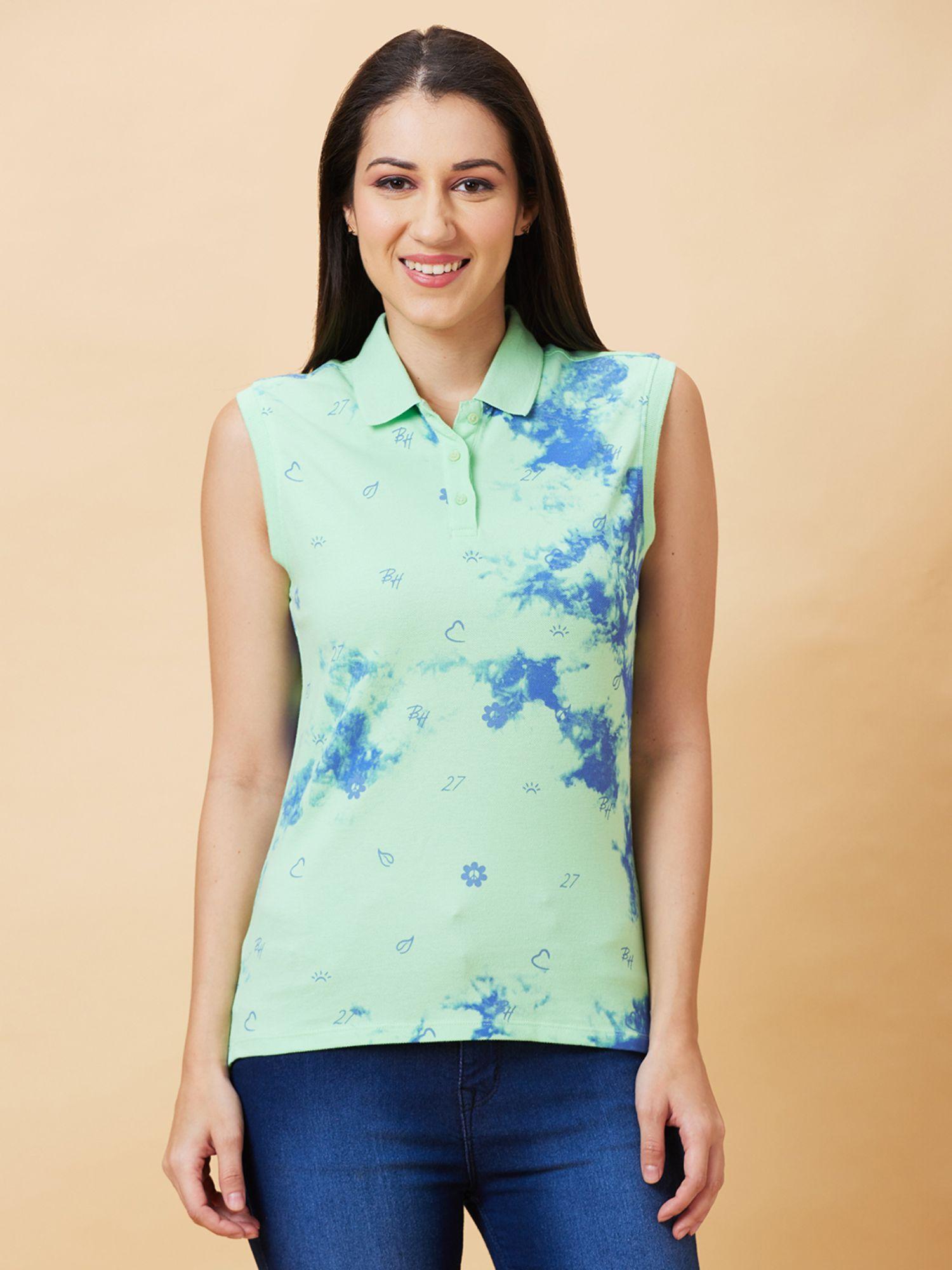 womens green tie & dye collar neck polo t-shirt