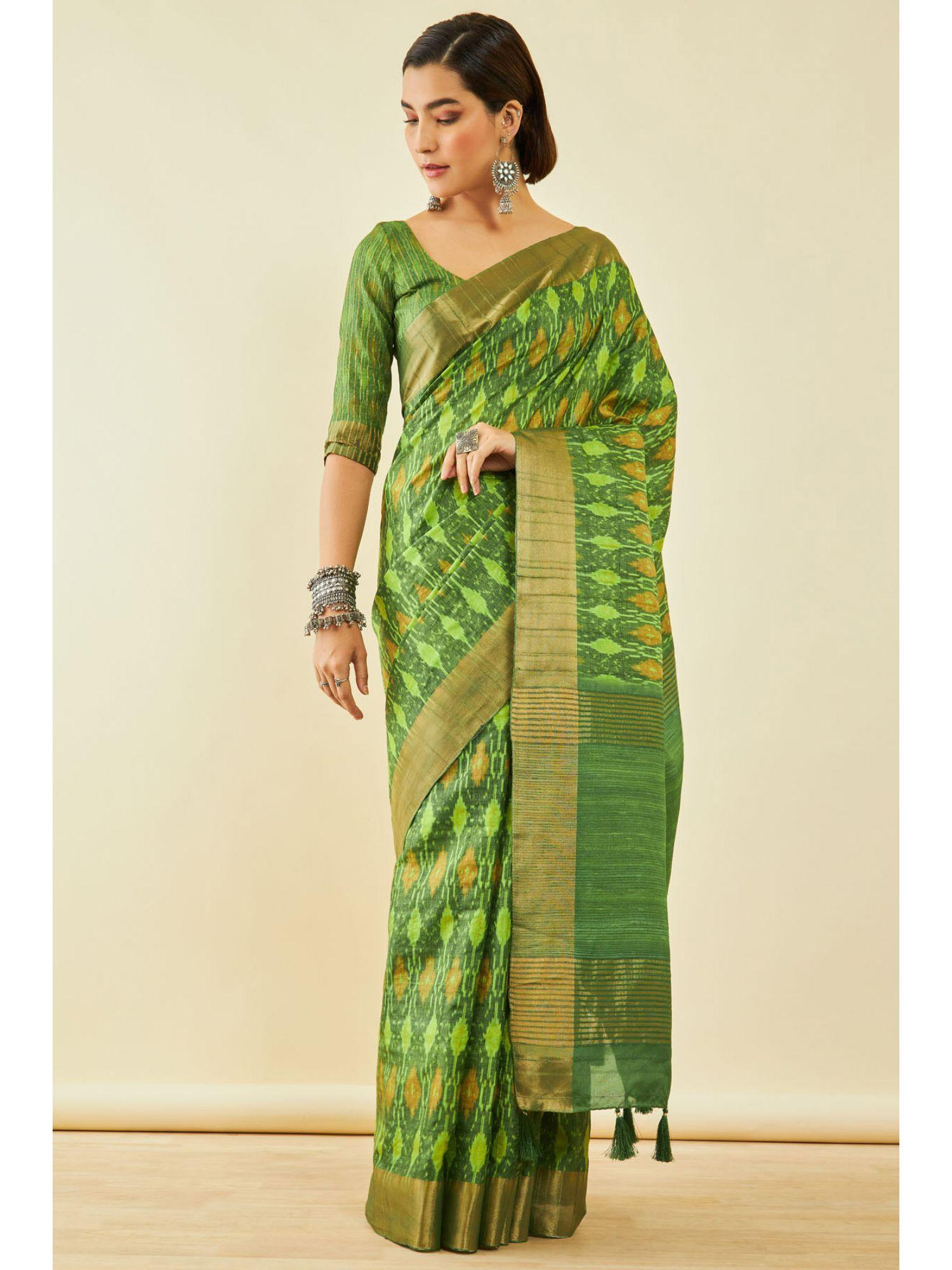 womens green tussar silk ikkat saree with unstitched blouse