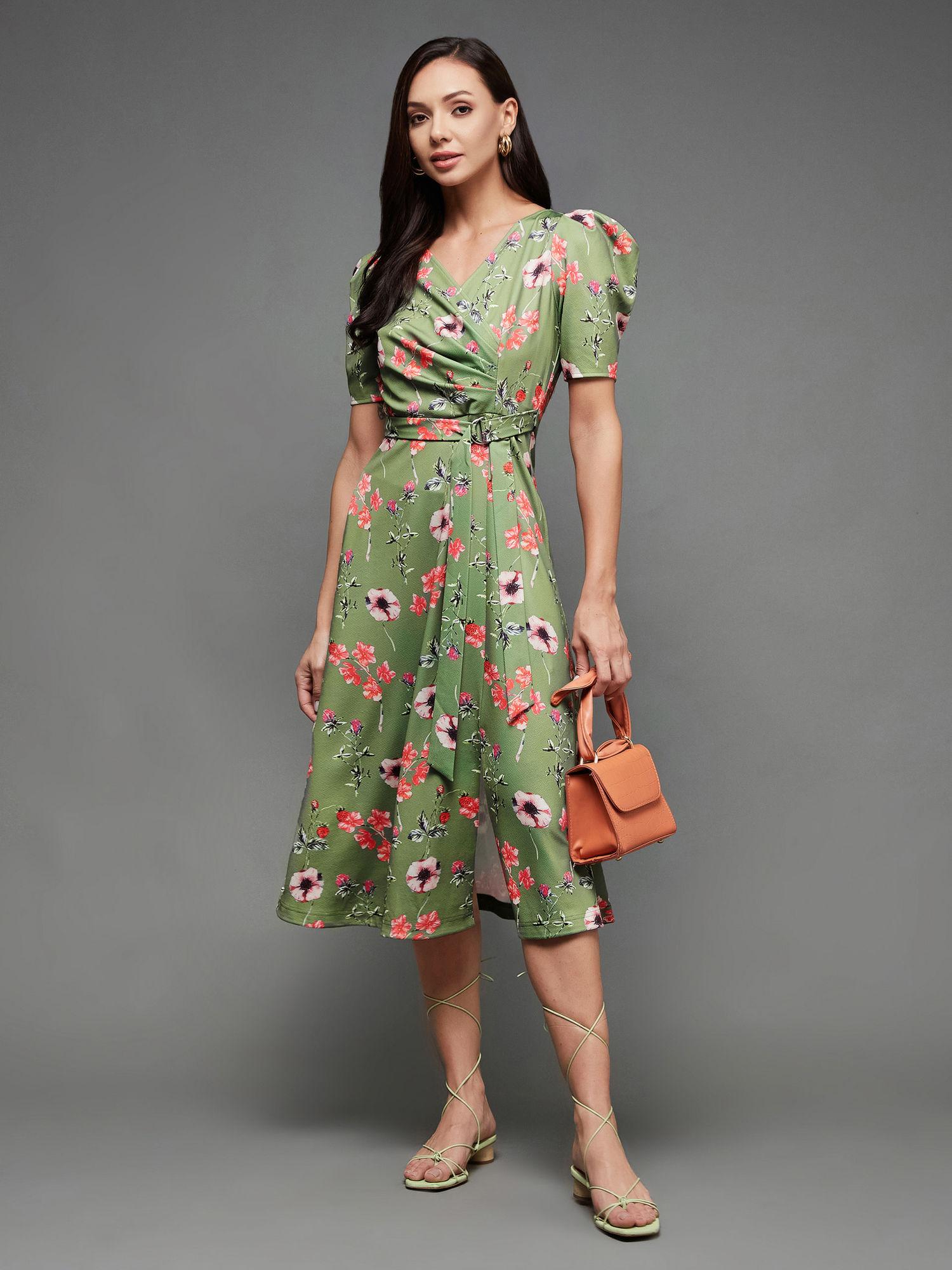 womens green v-neck pleated floral wrap polyester midi dress