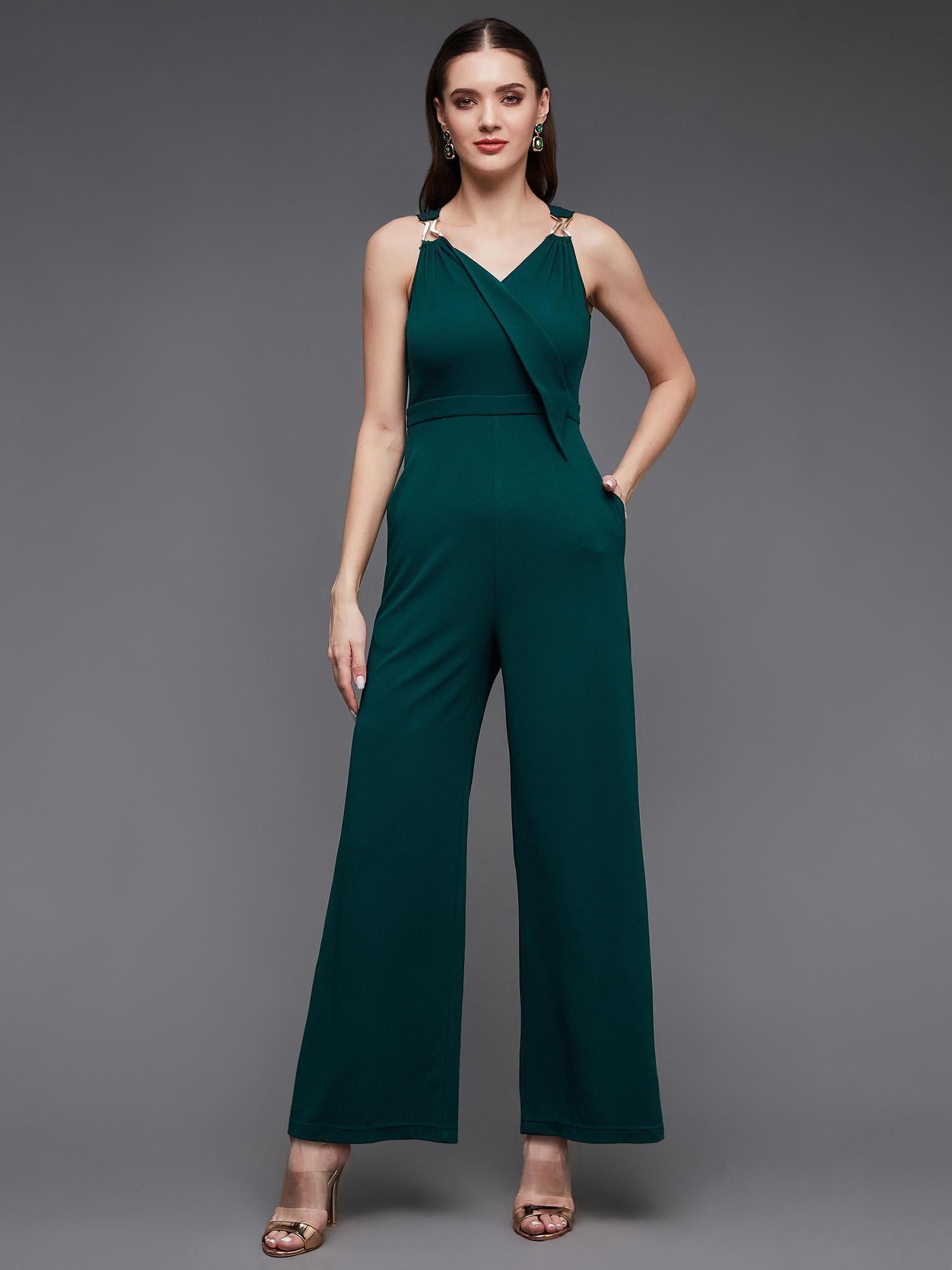 womens green v-neck sleeveless solid wrap regular length jumpsuit