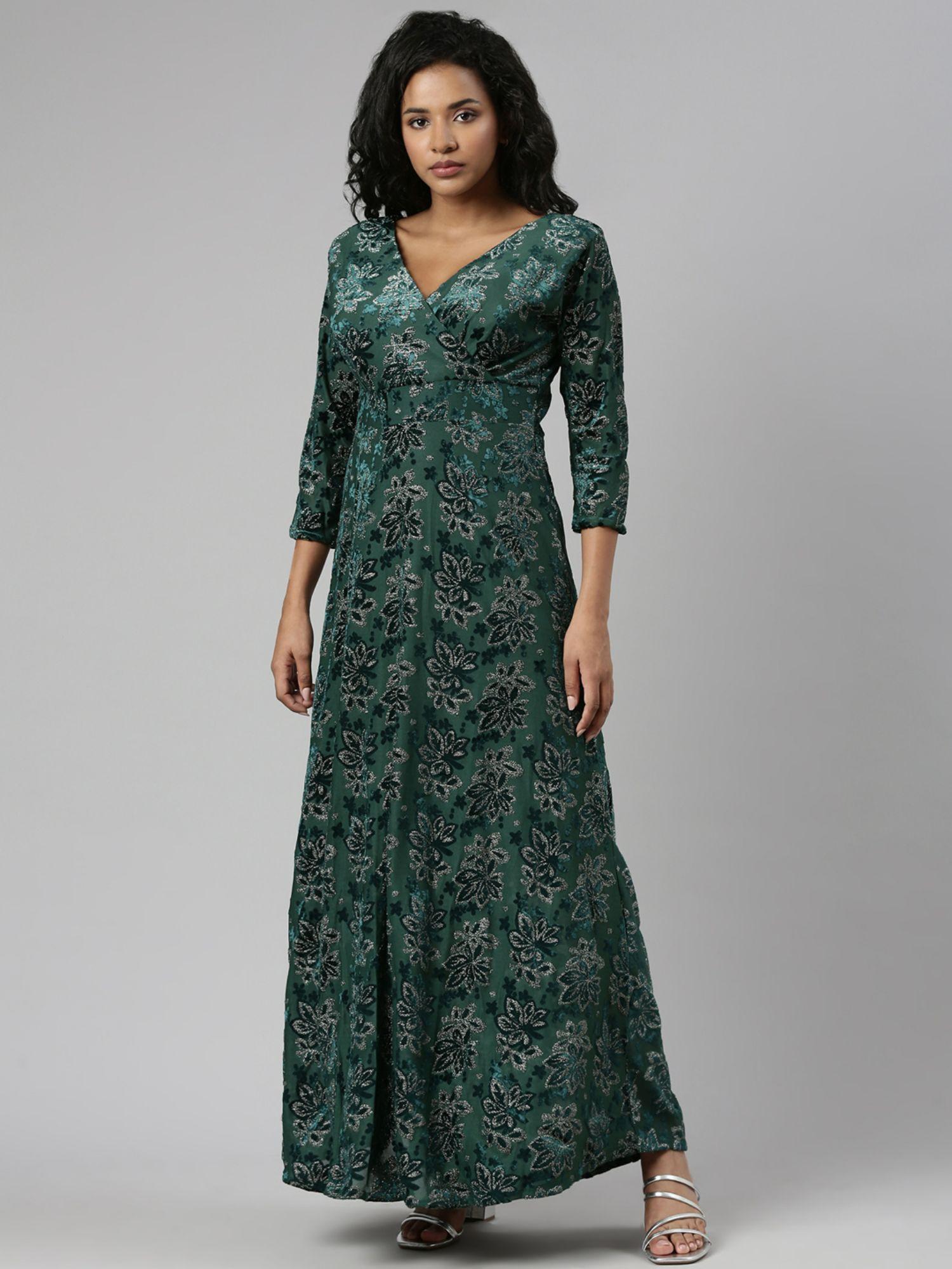 womens green v-neck three quarter sleeves empire floral maxi dress