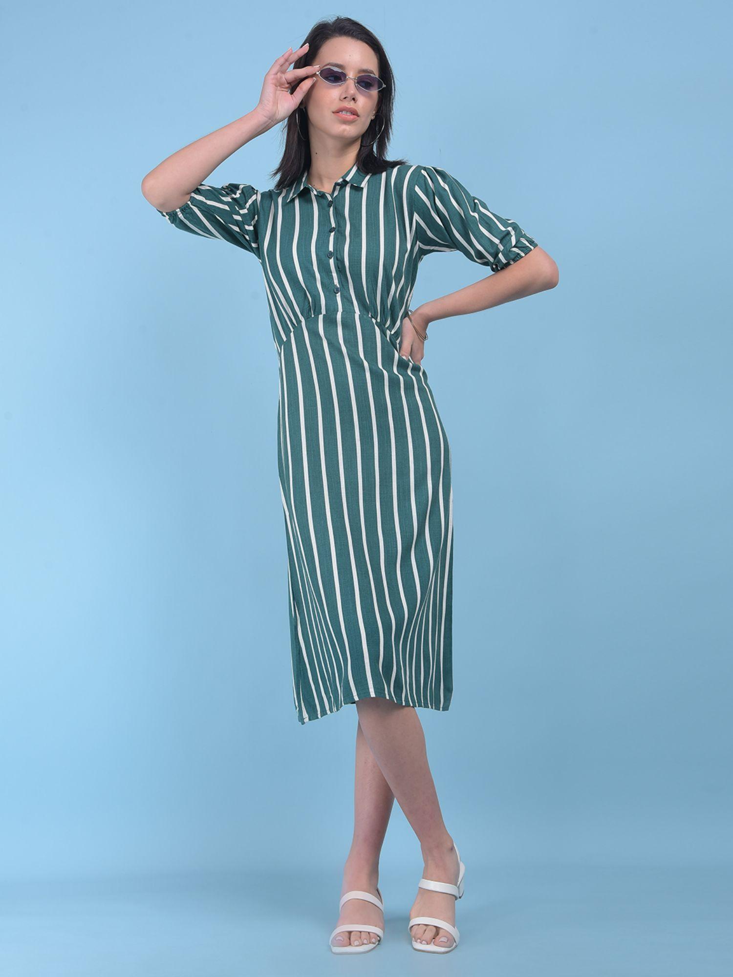 womens green vertical striped a-line dress