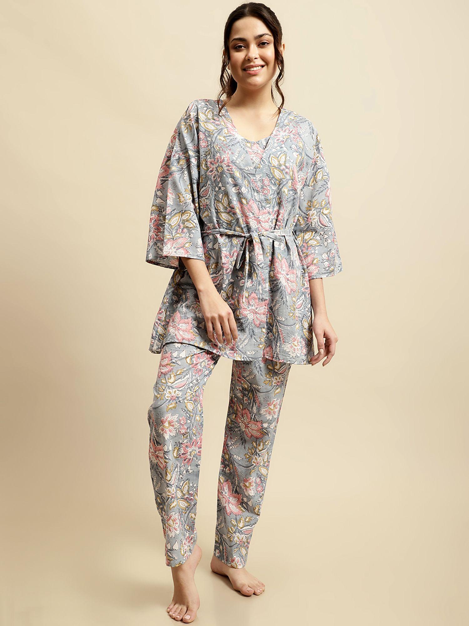 womens grey & pink jaipuri floral block print 3 piece night suit (set of 4)