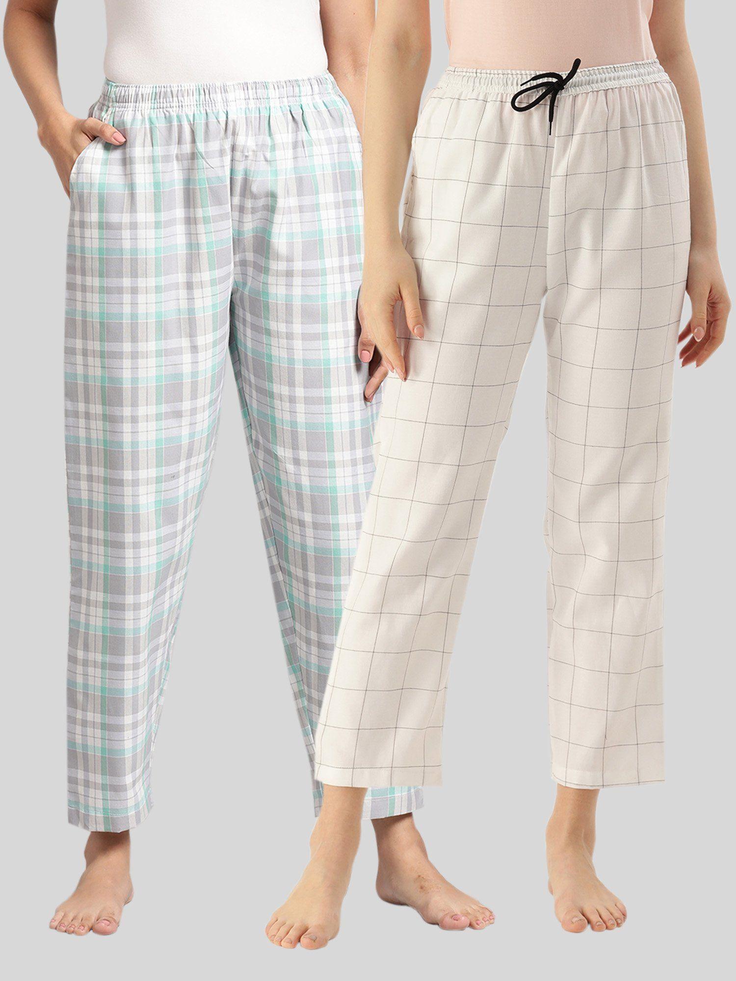 womens grey & white cotton check lounge pajamas (pack of 2)