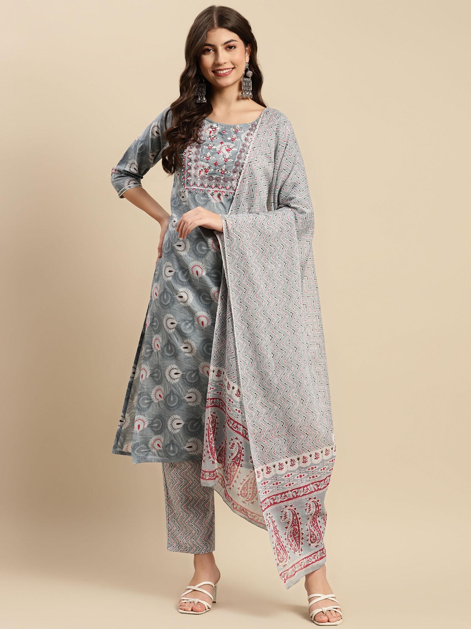 womens grey & white yoke mirror work kurta with pant and dupatta (set of 3)