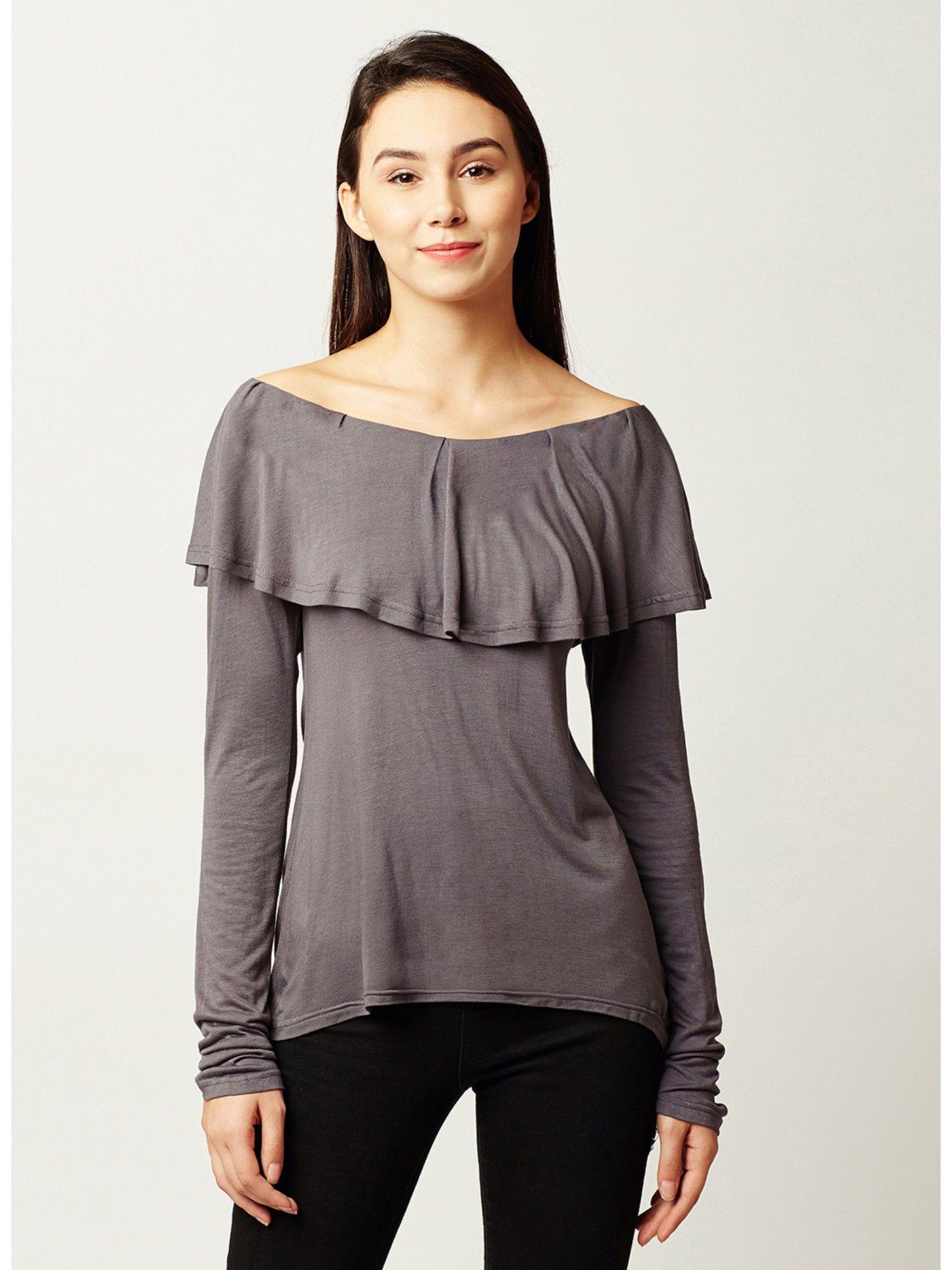 womens grey boat neck full sleeves solid ruffled top