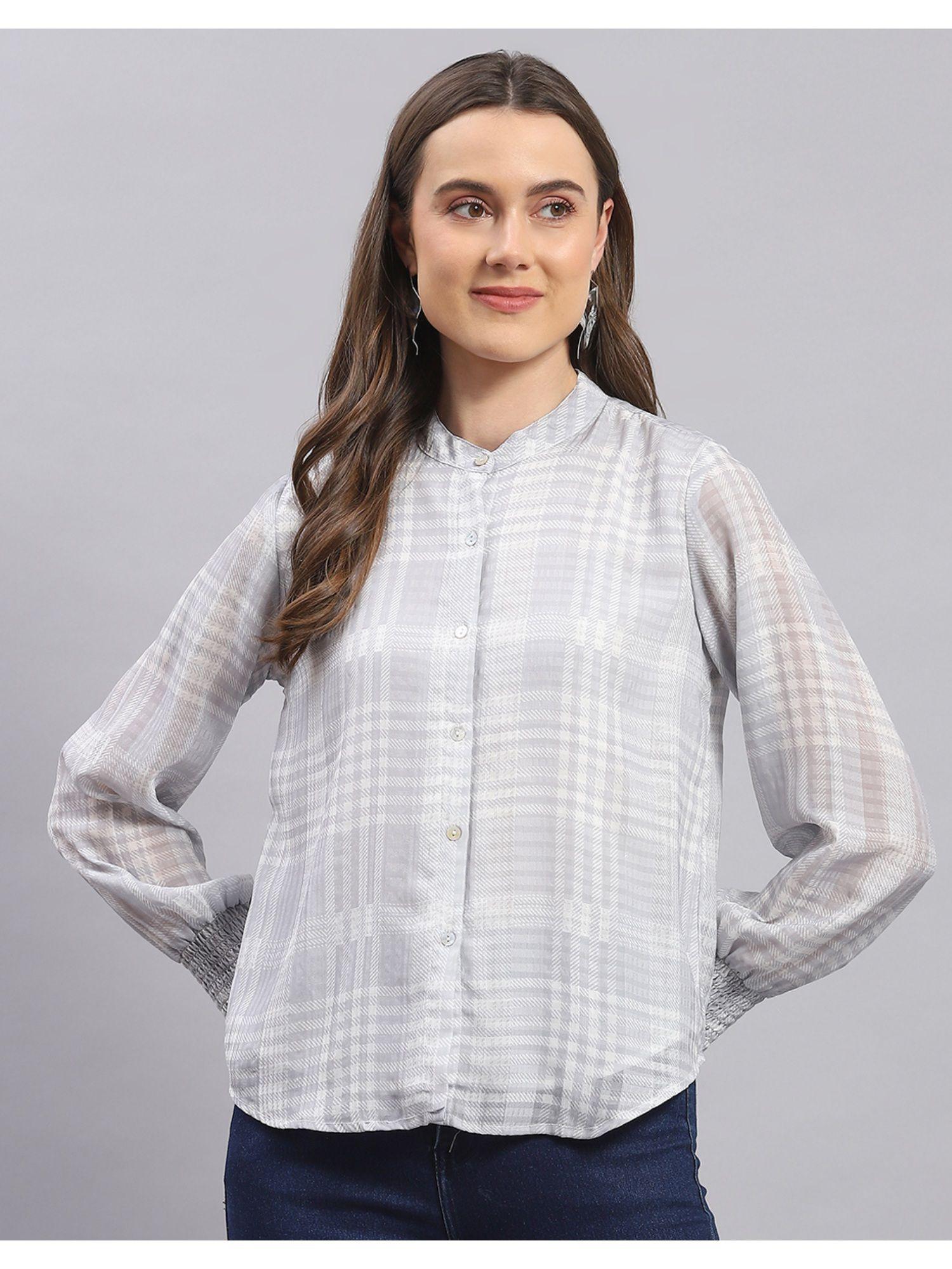 womens grey checkered mandarin collar full sleeve top