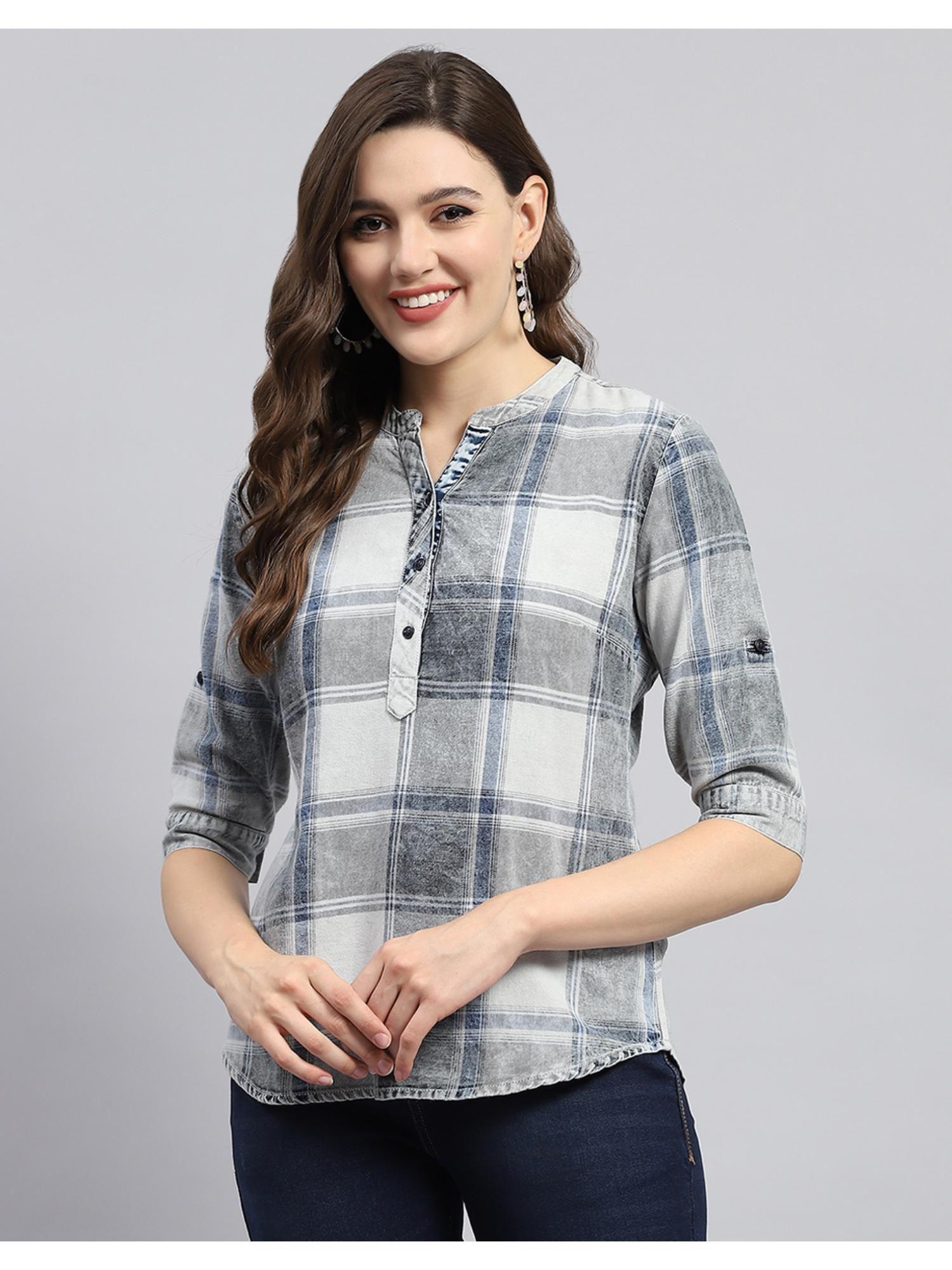 womens grey checkered mandarin neck 3-4 sleeve top