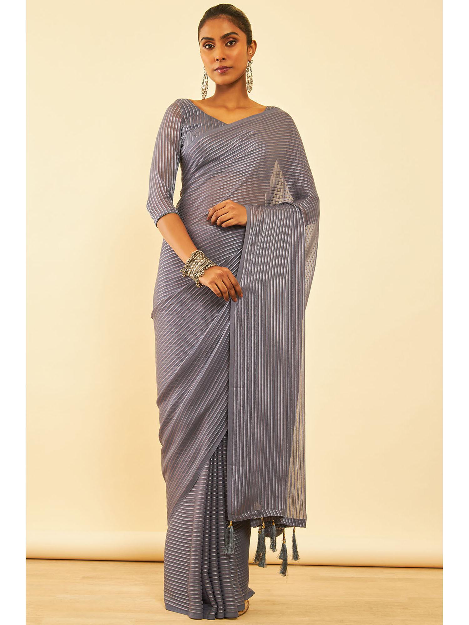 womens grey chiffon saree with tassels with unstitched blouse