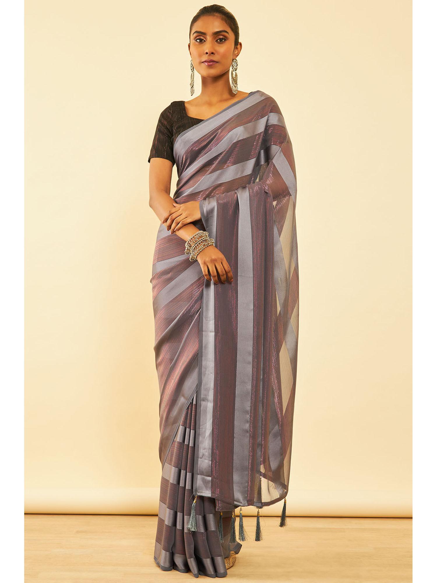 womens grey chiffon striped saree with tassels with unstitched blouse