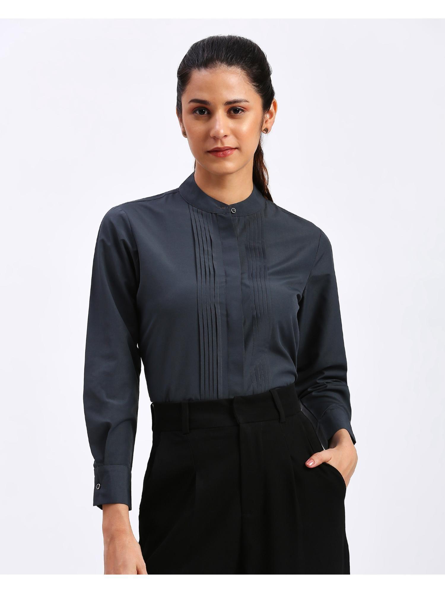 womens grey chinese collar relaxed fit polycotton solid shirt