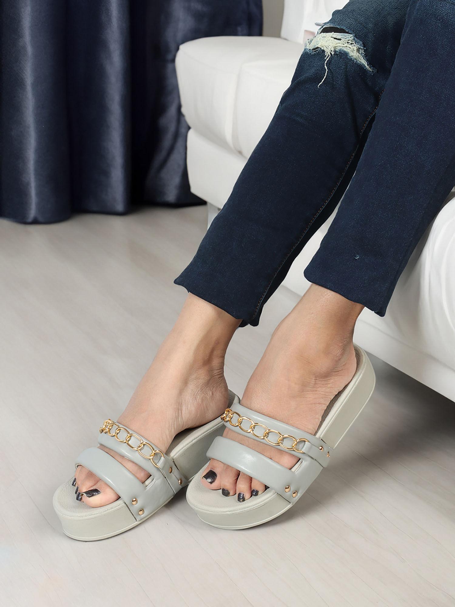 womens grey color golden chained casual wear sliders