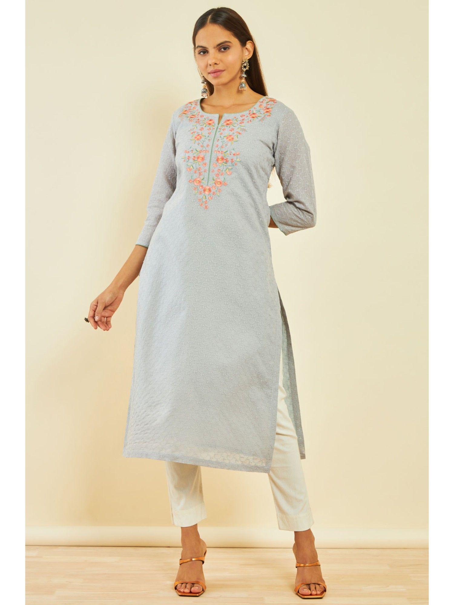 womens grey cotton embroidered kurta with thread work