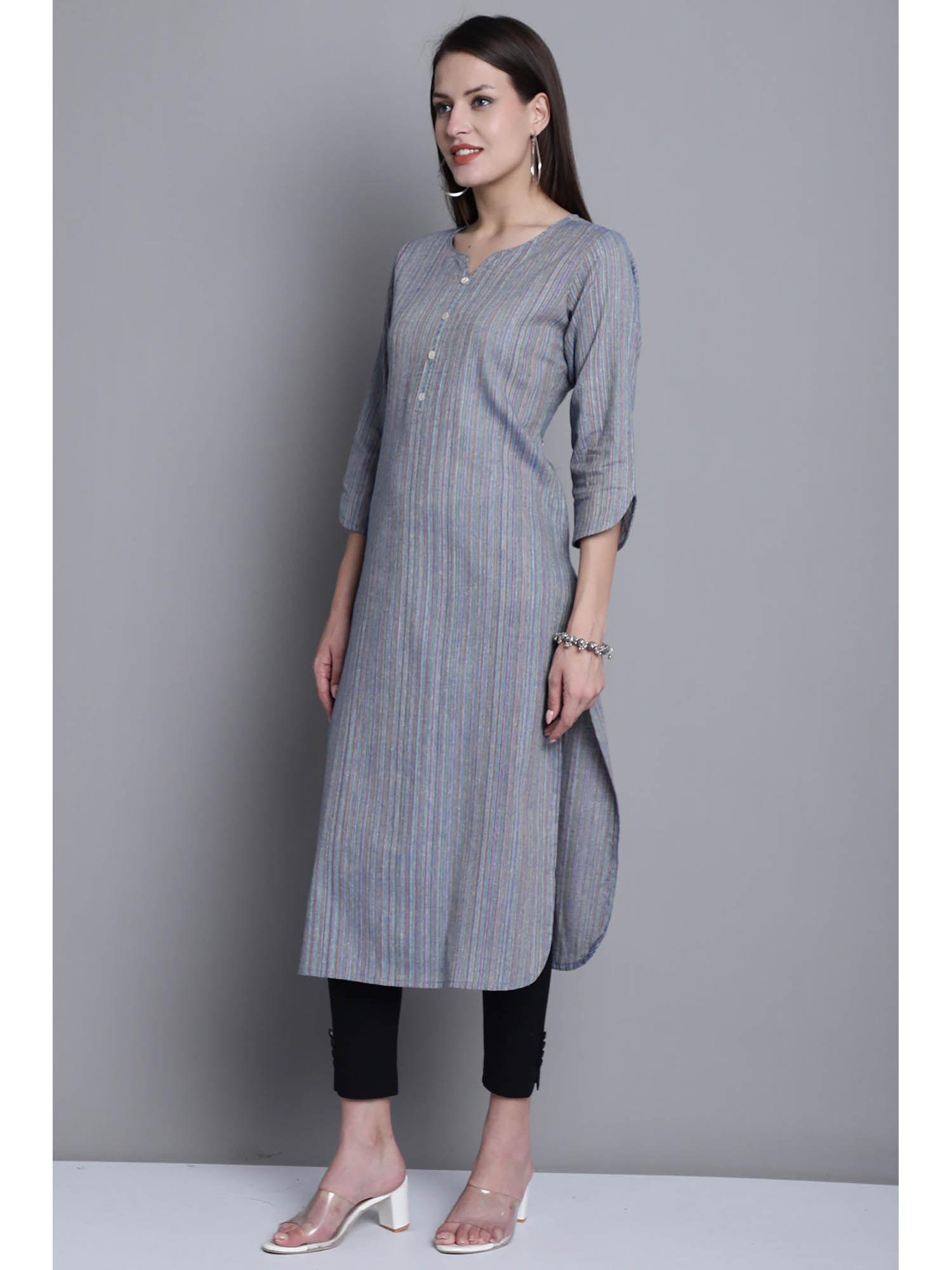 womens grey cotton woven kurta