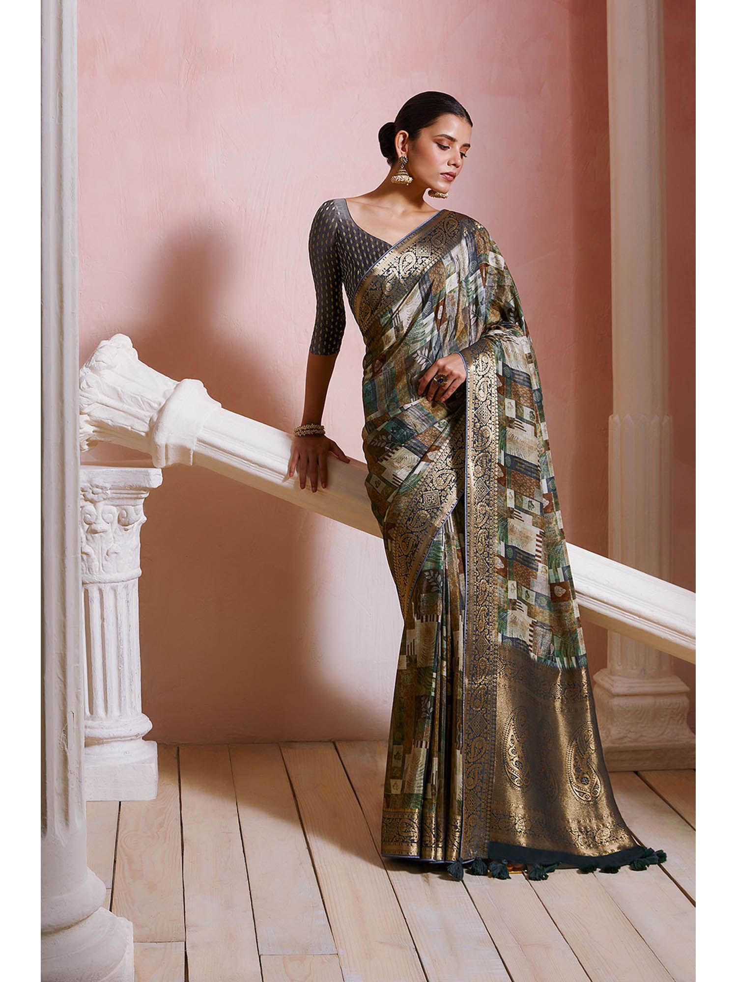 womens grey crepe geometric print zari border saree with unstitched blouse