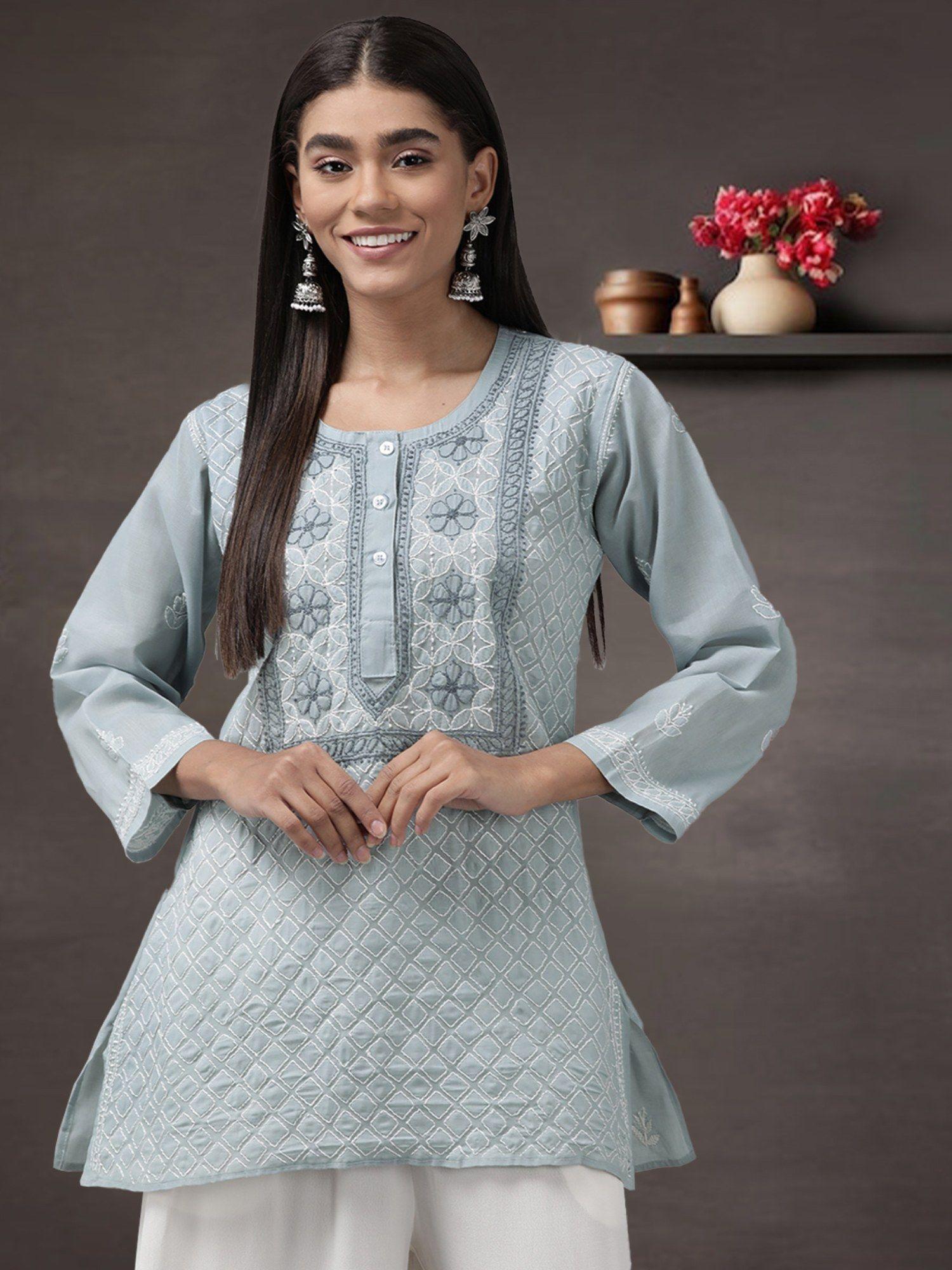 womens grey embroidered lucknowi chikankari kurti