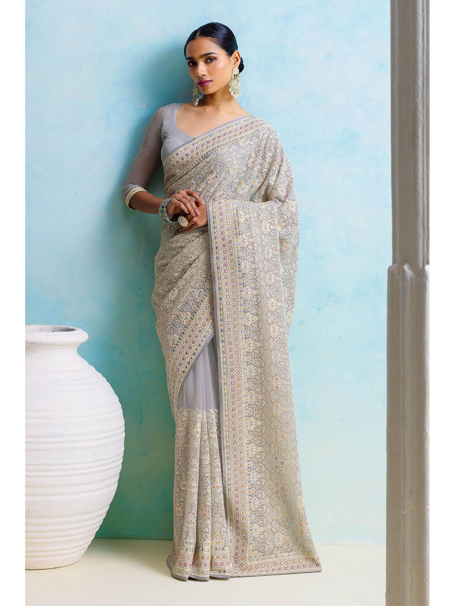 womens grey floral embroidery & sequins georgette saree with unstitched blouse