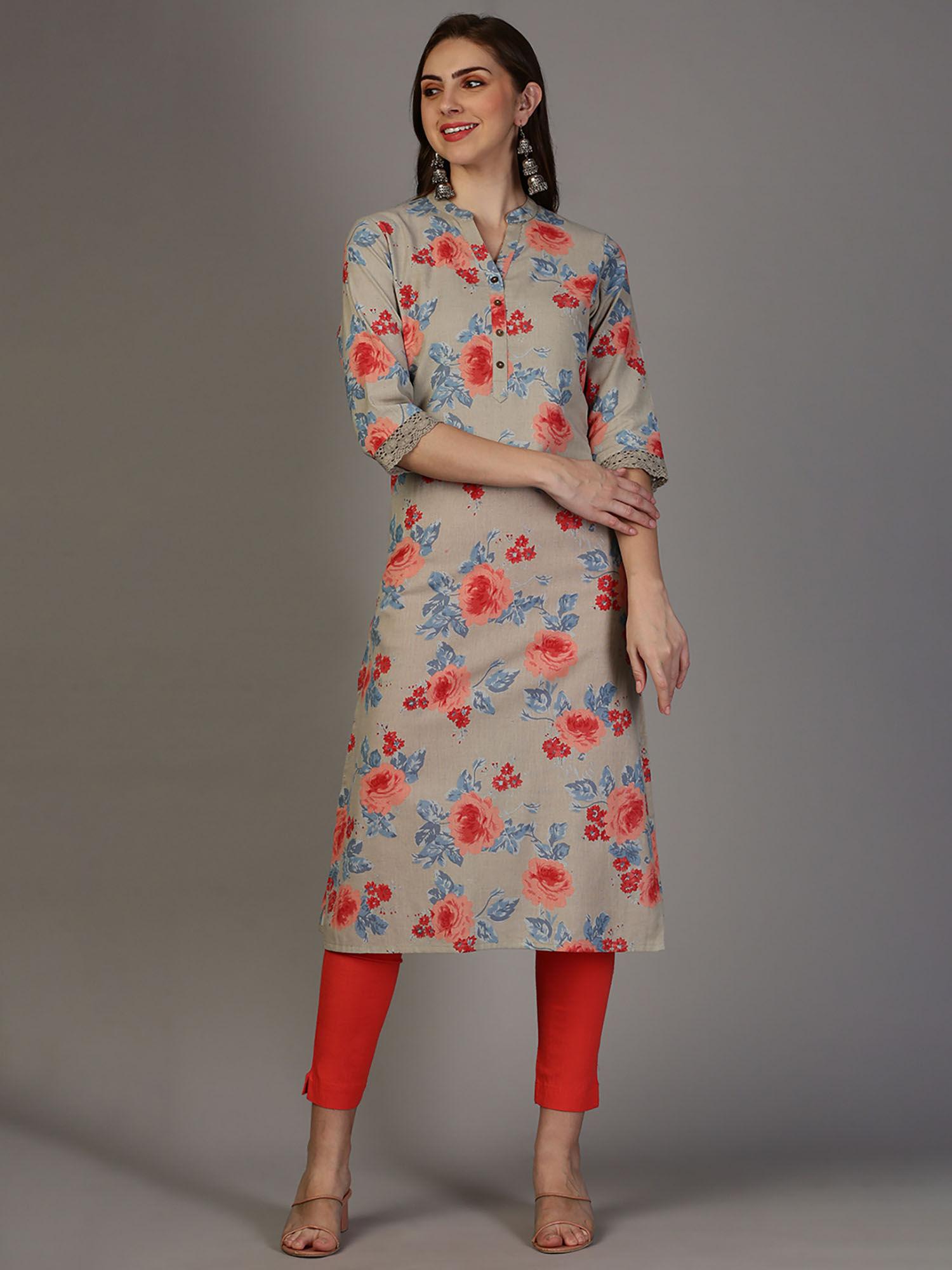 womens grey floral printed cotton a-line kurta