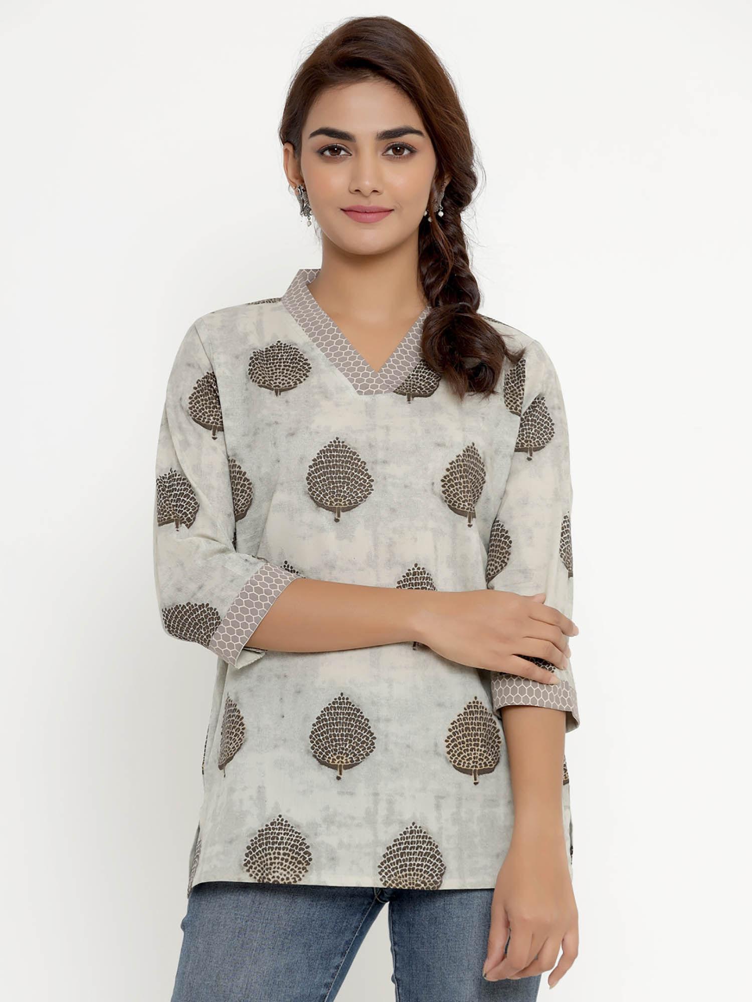 womens grey floral printed pure cotton top