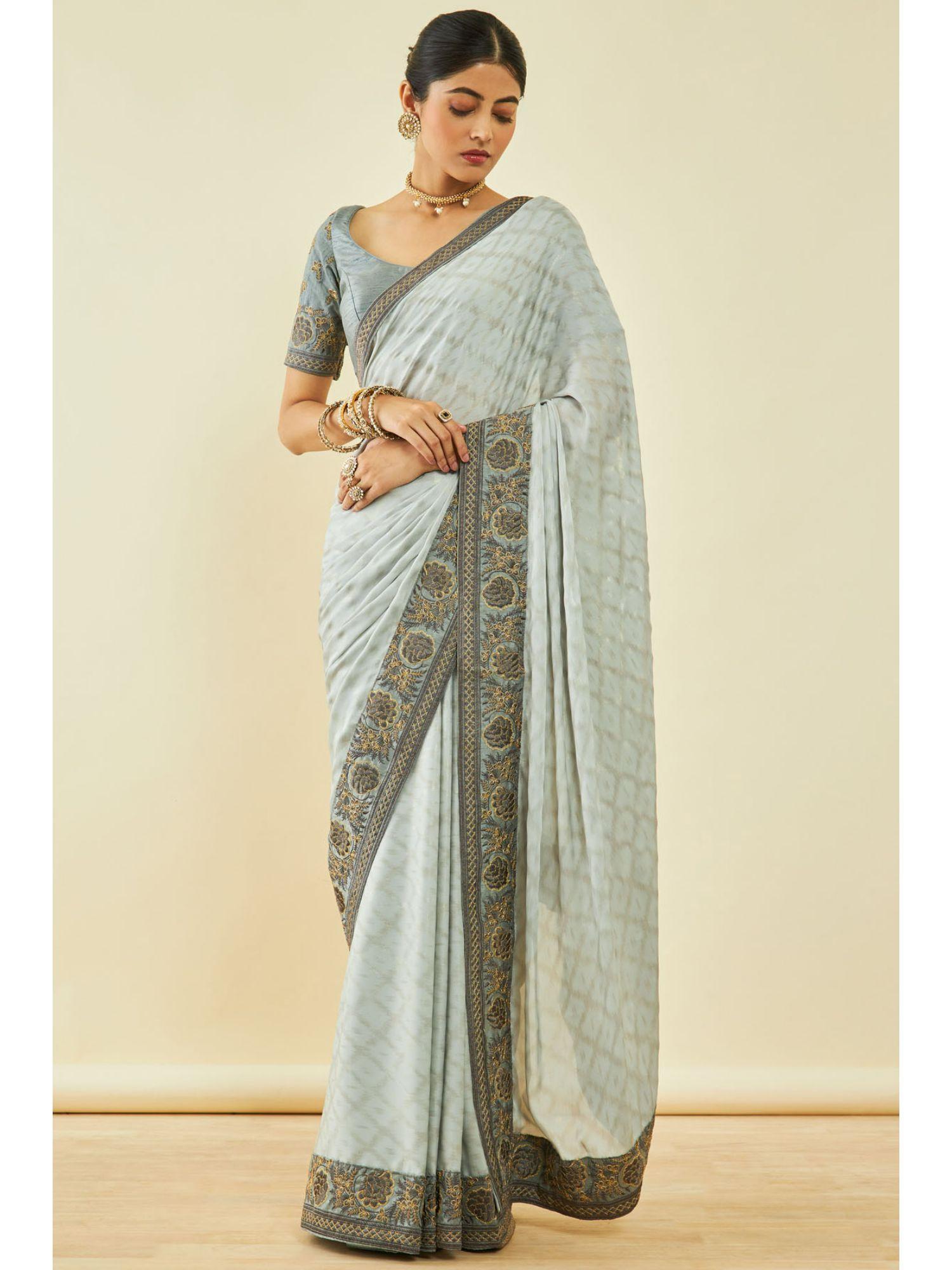 womens grey georgette embroidered saree with unstitched blouse