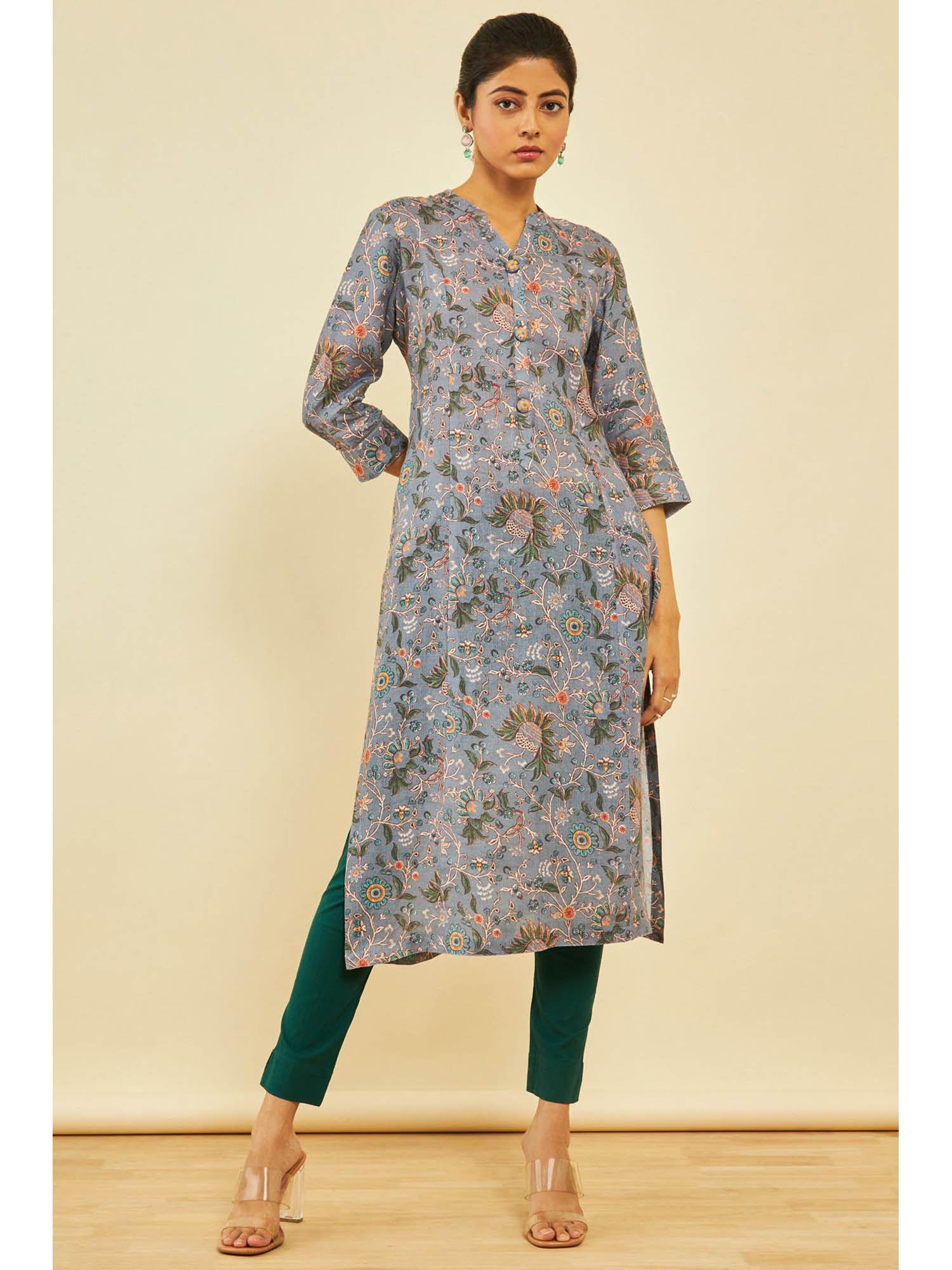 womens grey linen floral kurta