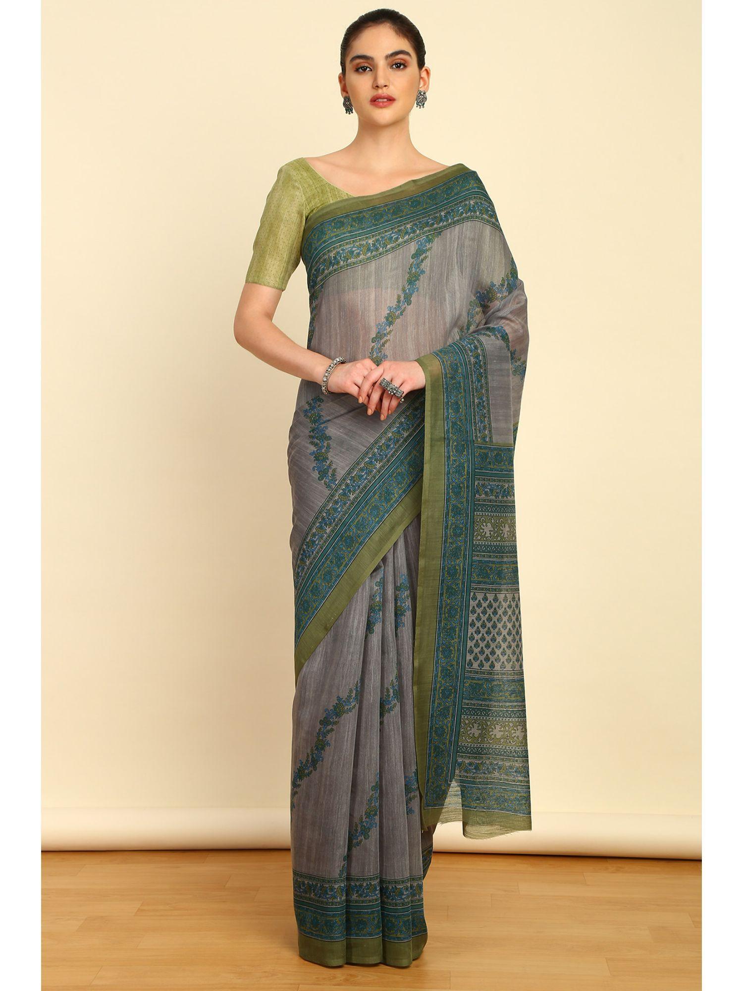 womens grey linen floral print saree with unstitched blouse