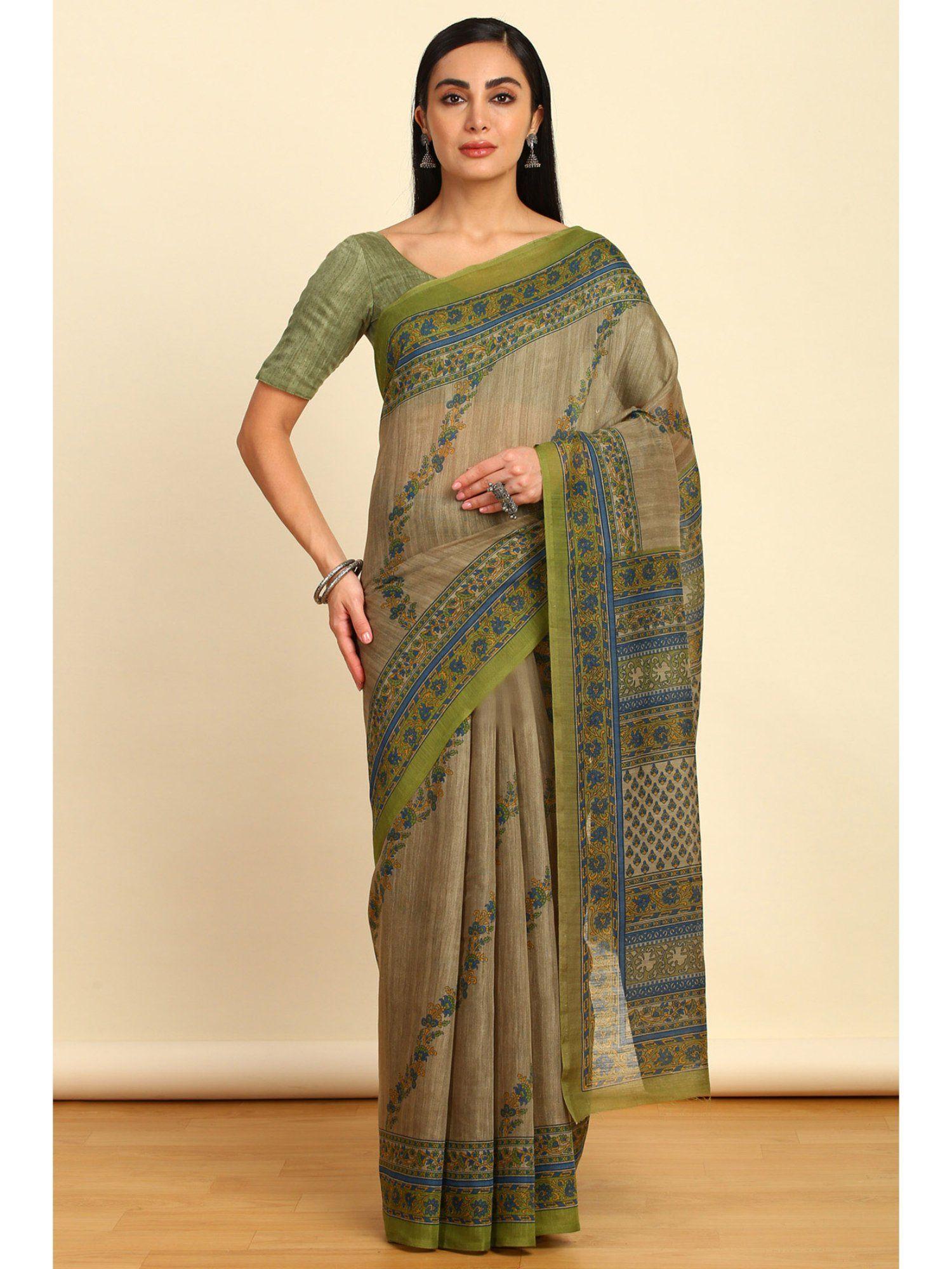 womens grey linen floral print saree with unstitched blouse