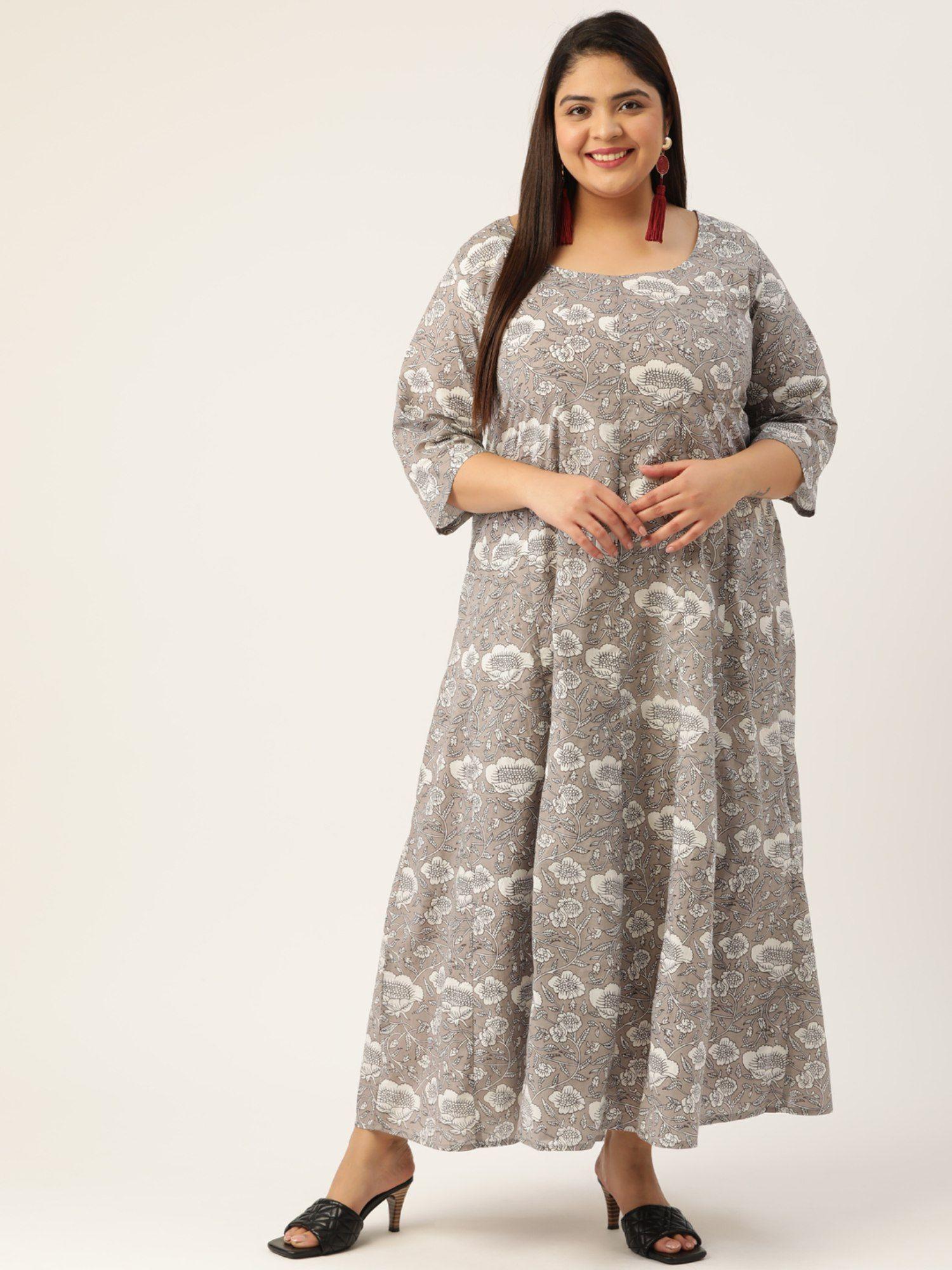 womens grey monotone floral printed cotton maxi dress