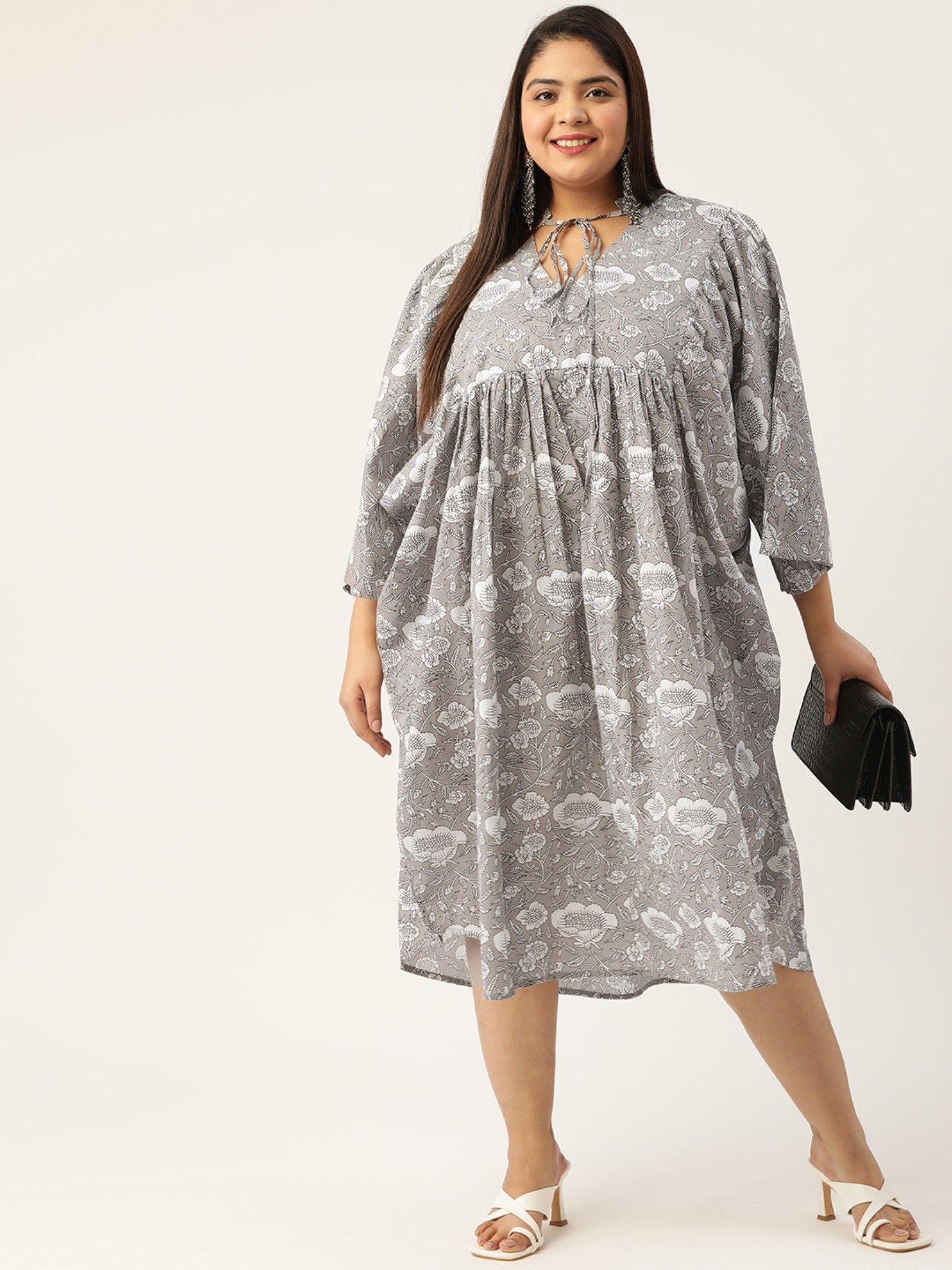 womens grey monotone floral printed cotton midi dress